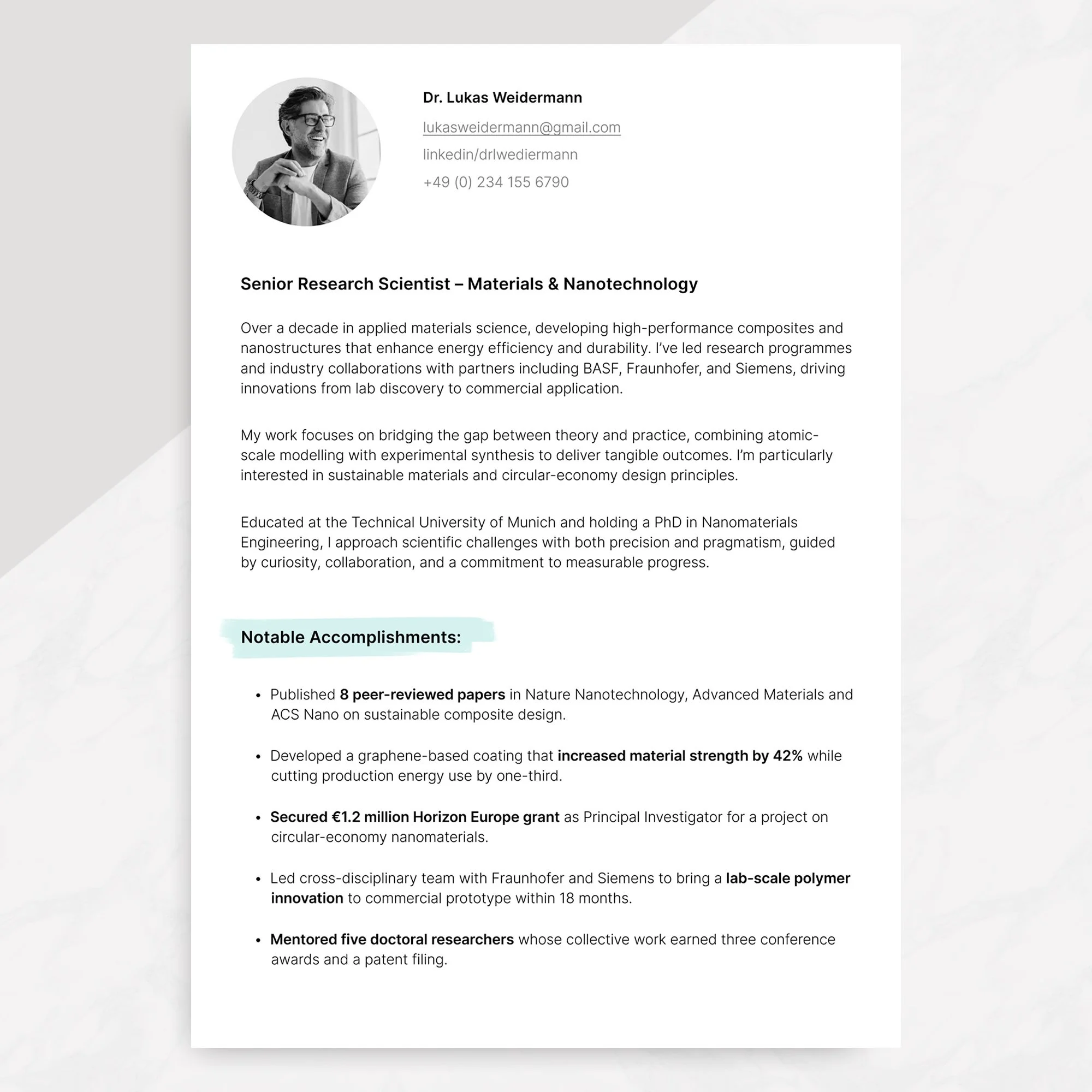 Science CV template hero image with 6-page academic CV and matching cover letter