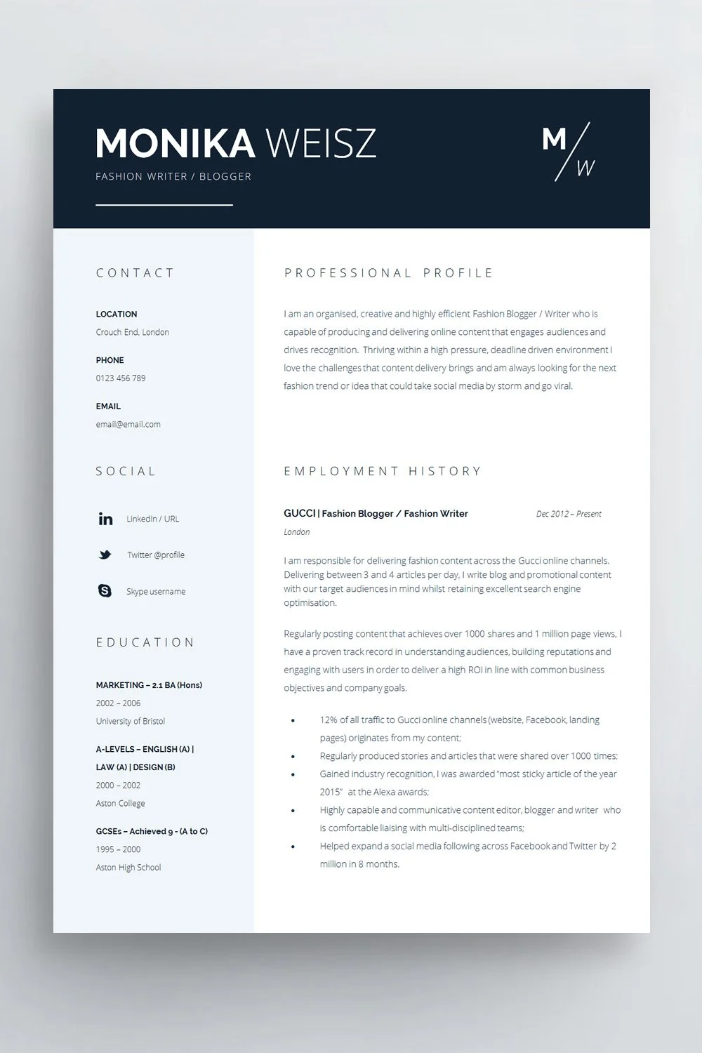 Simple professional CV example using restrained blue accents