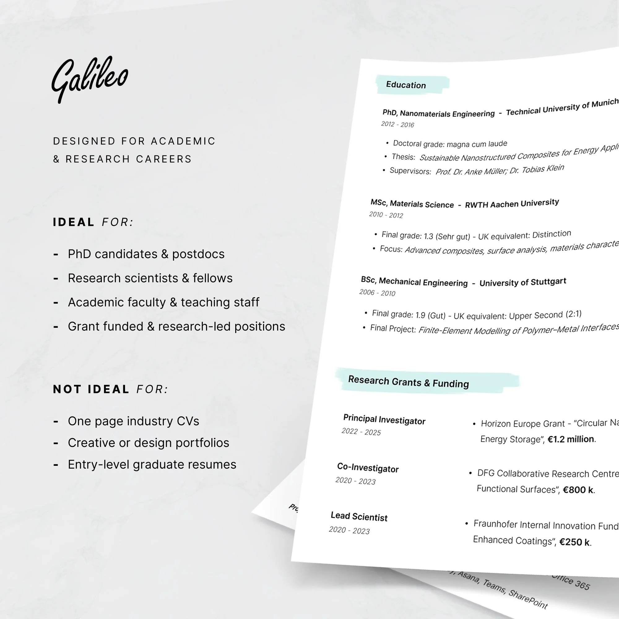 Research CV template with teaching experience and technical skills sections