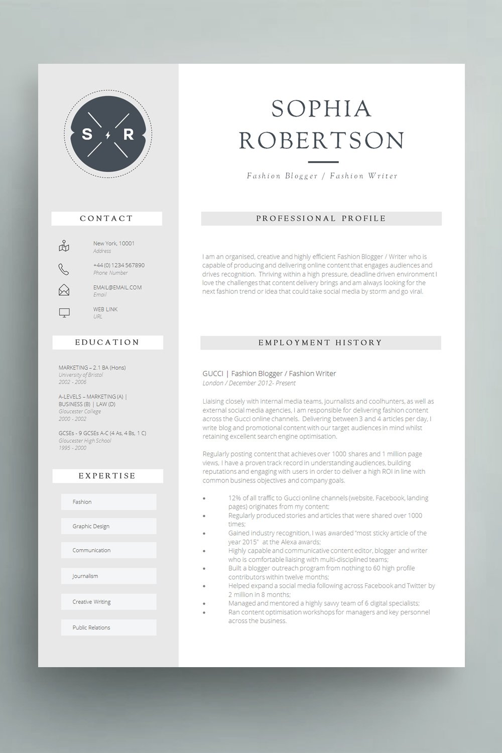 Modern two-column CV example with a professional profile, employment history and a dedicated sidebar for skills and contact details.