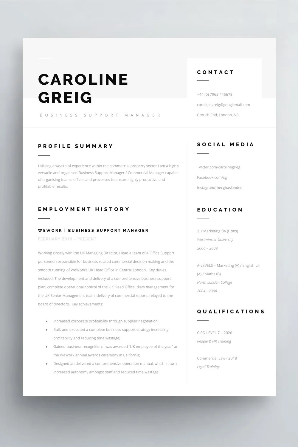 Modern minimalist CV with generous white space and clean typography