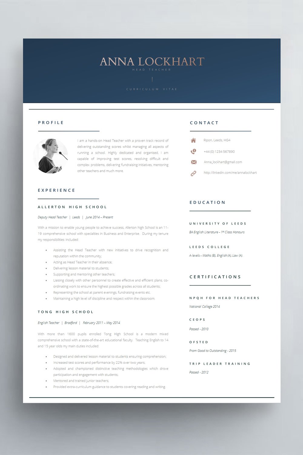 Modern teacher cv with clear professional layout including space for qualifications