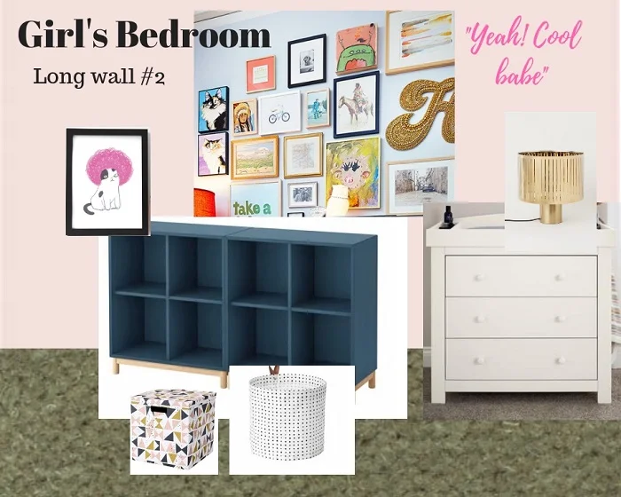 View of one wall with the furniture and fun gallery wall.