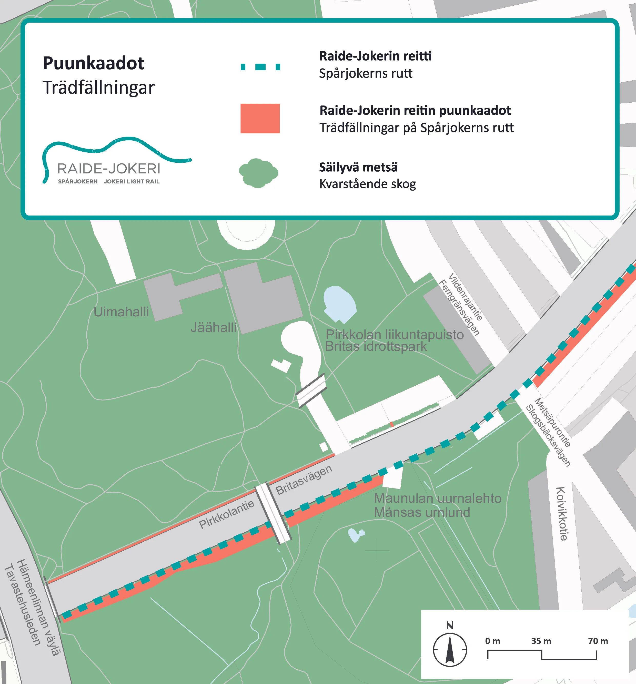 Raide-Jokerin tieltä kaadetaan puita Keskuspuiston kohdalla