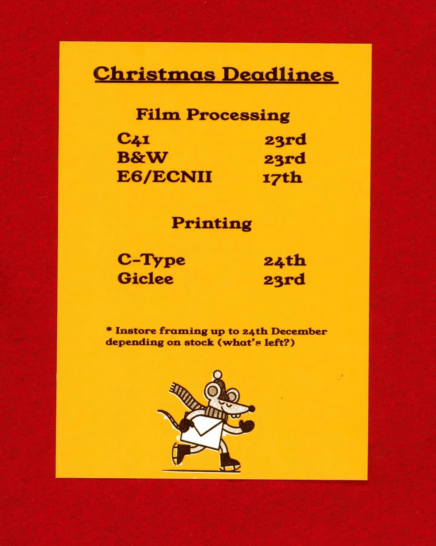 We&rsquo;re open all the way up to when Santa&rsquo;s putting on his boots on and firing up the reindeer. 

Here&rsquo;s a little reminder of our Christmas cut offs. 

Last day for&hellip;

C41 &amp; B&amp;W processing is 23rd with scans arriving bef