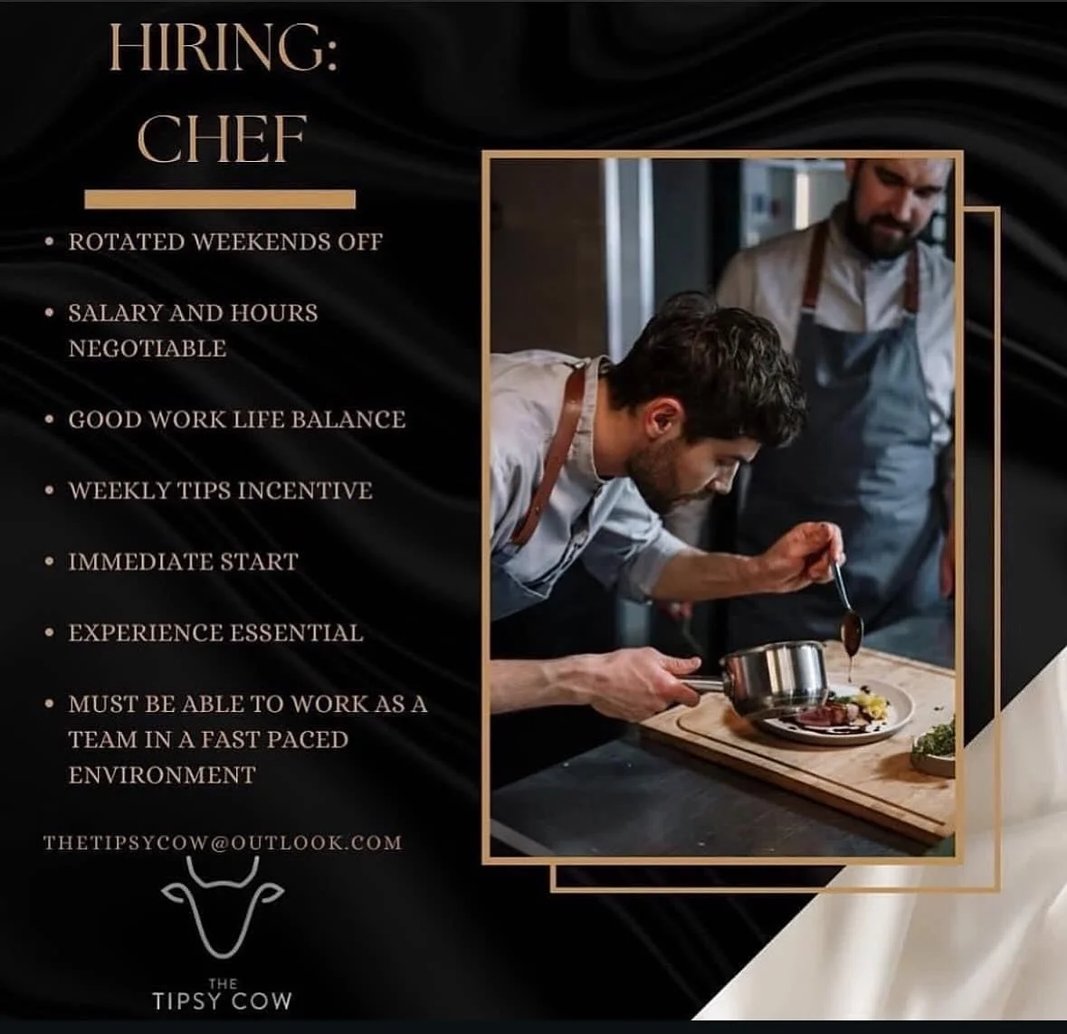 Chefs of all levels required with immediate starts for the right candidates. 

Email or PM our page to enquire.