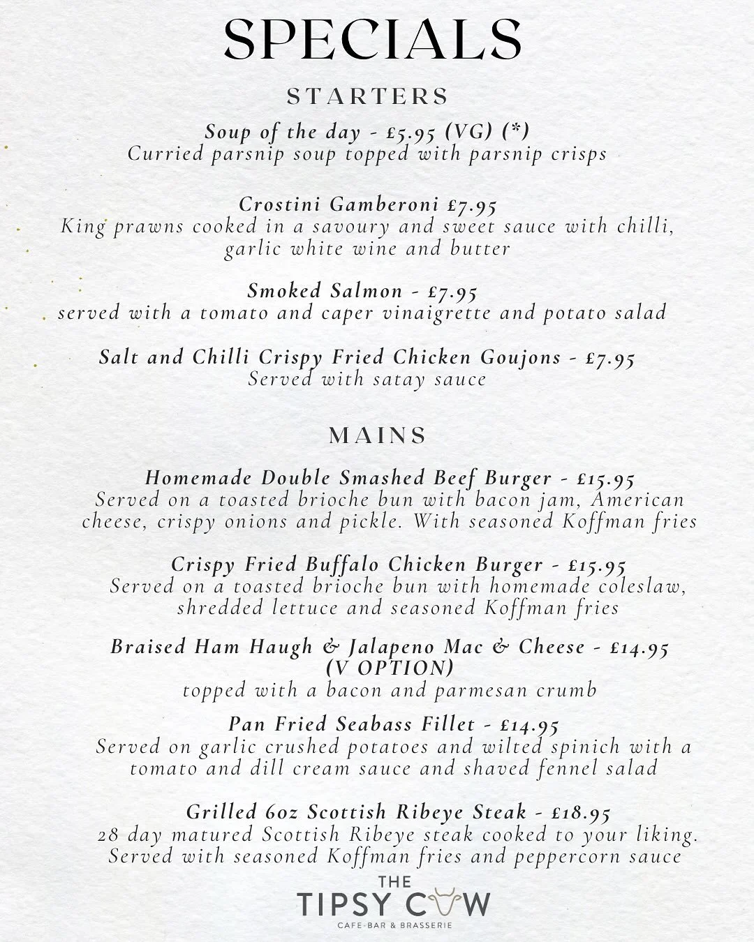 WEEKEND SPECIALS 🐮🍽️

We will be running specials over the weekends as we continue to develop our menu, taking customer feedback on board. 

This weekends specials menu will be available from 3pm Saturday. Your voice matters so tell us what special