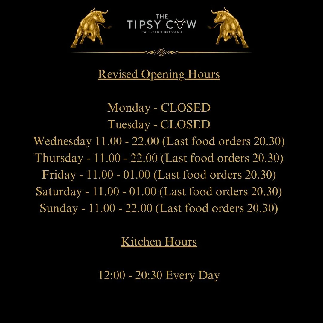 As our team continues to grow these will be our opening times. 

Tipsy breakfasts will return as soon as we are in a position to start them.

Thank you for your continued support.