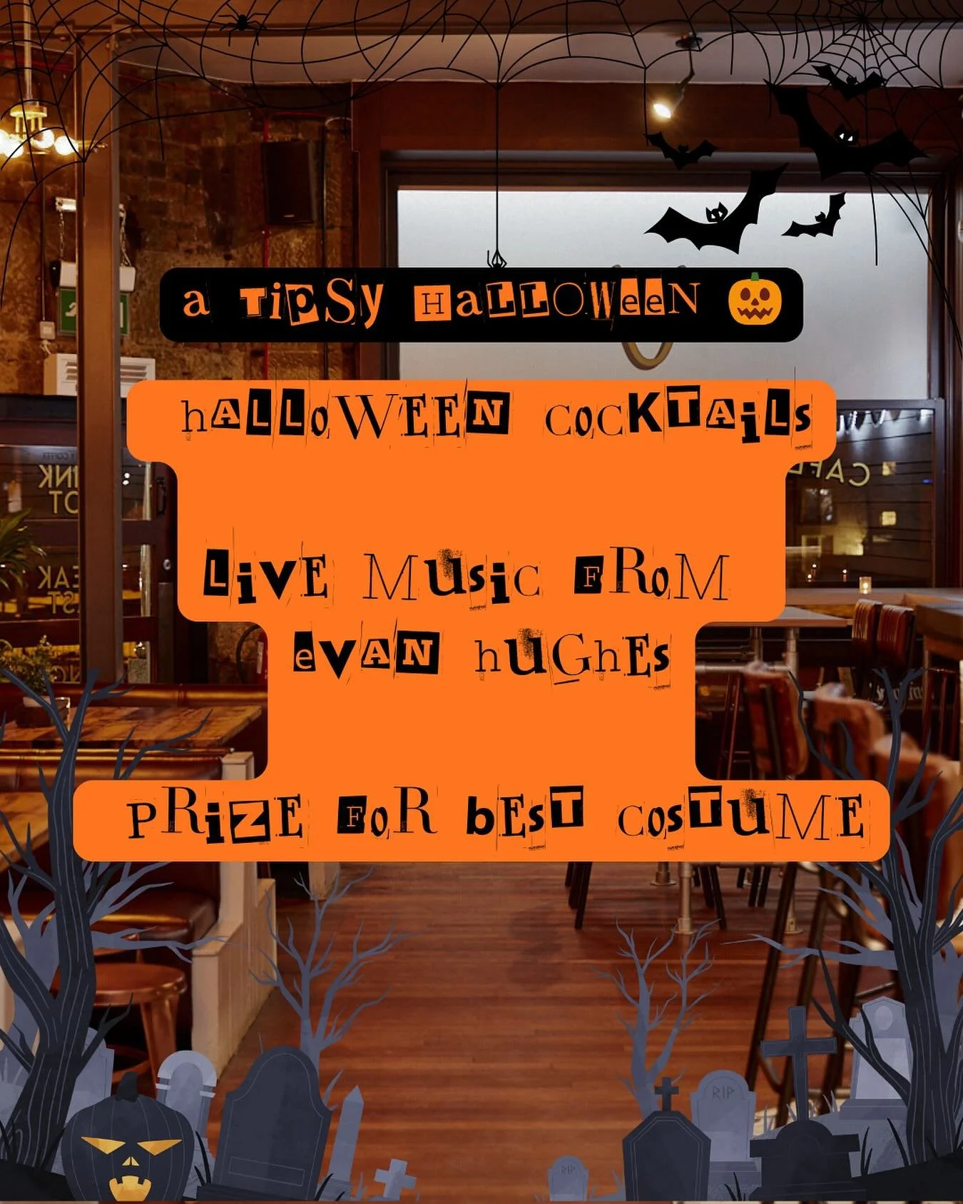 Looking for something to do this Halloween?

Joins us on Friday night for a fun filled night in The Tipsy Cow 

With a variety of Halloween cocktails and live music from Evan Hughes a great night can be had by all. 

Costumes are encouraged with a pr