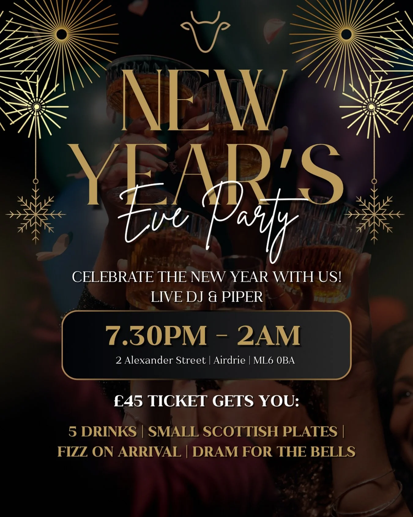 Ready to ring in the bells at The Tipsy Cow? 🍾

NYE party from 7.30pm&ndash;2am with live DJ, piper, 5 drinks, Scottish plates, fizz on arrival and a dram at midnight. All for &pound;45.

*all alcoholic drinks included in ticket price*

Secure your 