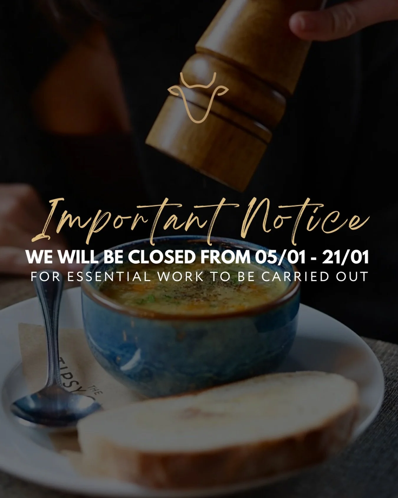 🚨 Important Notice from The Tipsy Cow 🚨

We&rsquo;ll be closed from 05/01 &ndash; 21/01 while some essential work is carried out. All part of making things even better for you! 🥂

Thank you for your patience and continued support &mdash; we can&rs