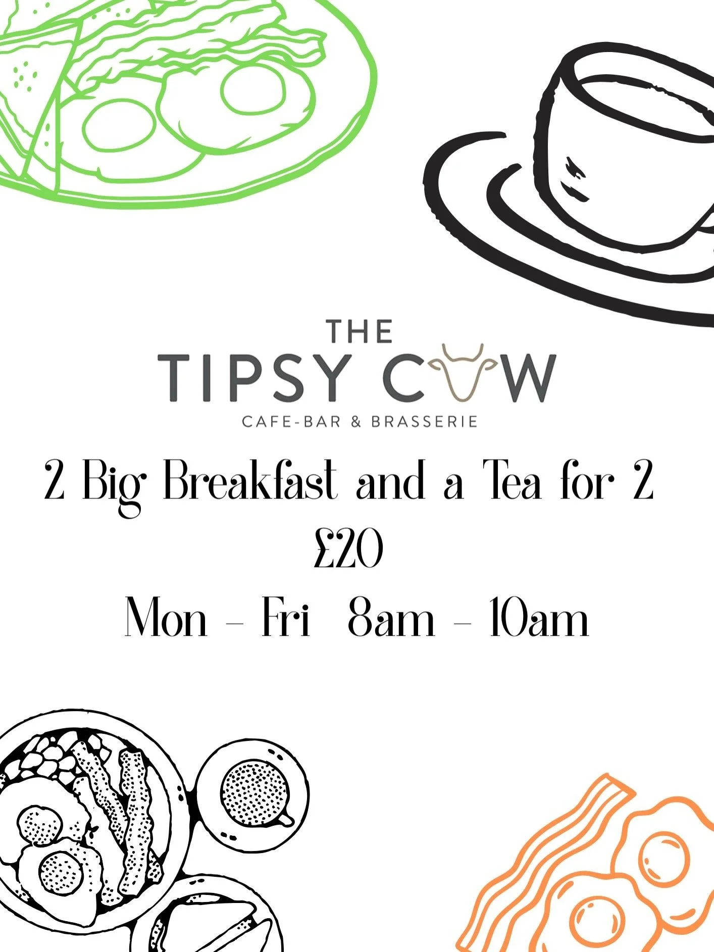 Start your morning at The Tipsy Cow 🍳

Enjoy 2 big breakfasts and 2 teas for just &pound;20, Monday to Friday from 8am to 10am

The perfect midweek breakfast deal ☕️

Call to book 01236 804795

#tipsycow #airdrie #breakfast #lanarkshirefood #breakfa