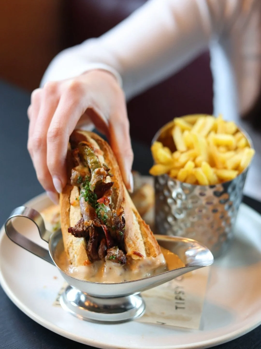 Our Philly Cheesesteak is packed with grilled fillet steak strips, peppers, onions and melted cheese, served on a toasted baguette with fries. 🥩

Enjoy it as part of our market menu with any 2 starred courses for just &pound;14, Monday to Friday fro