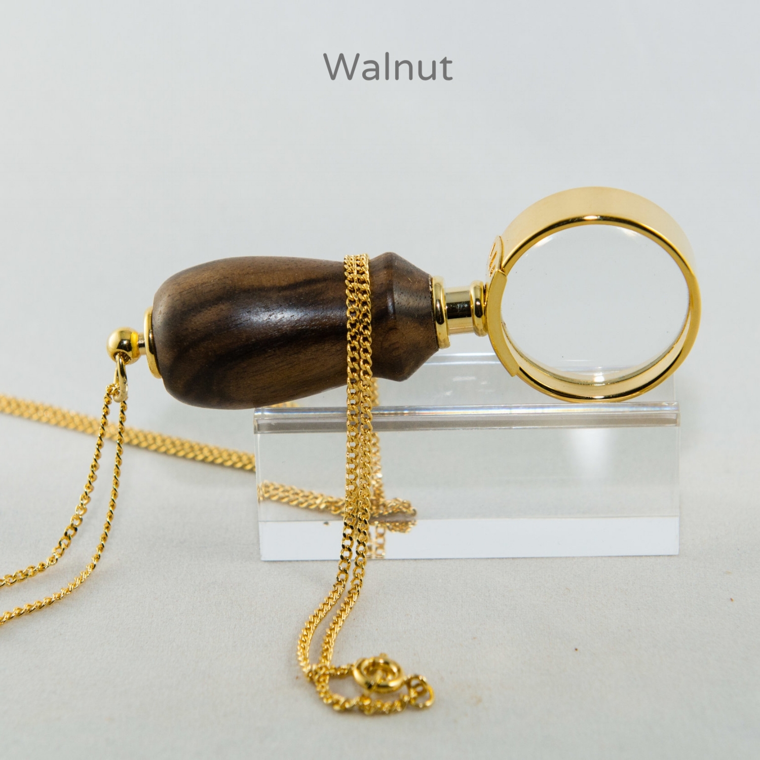 necklace magnifying glass, walnut hardwood