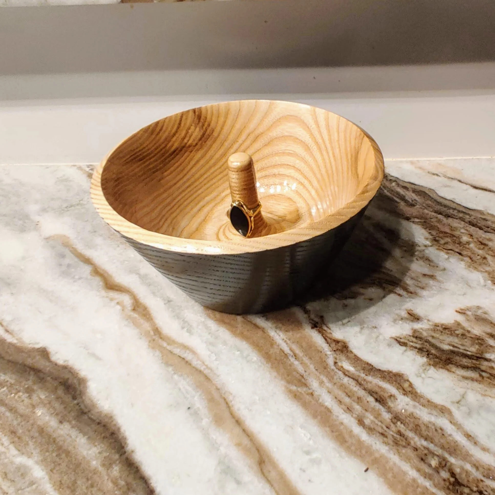 Handcrafted Wood Ring Bowl, Ash, Black and Natural Colors (Article #315)