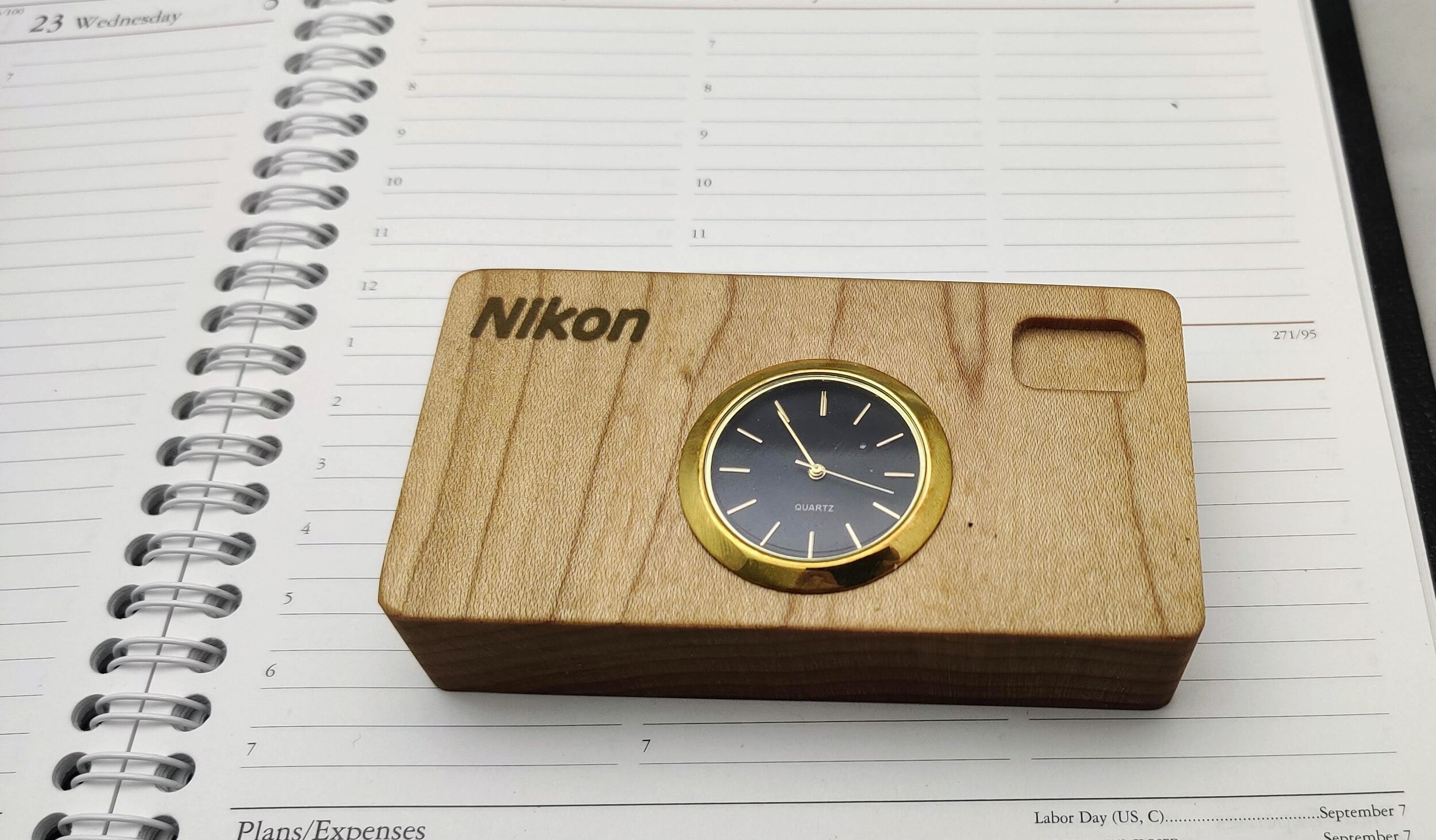 Wood Desk Clock - Faux Cameras