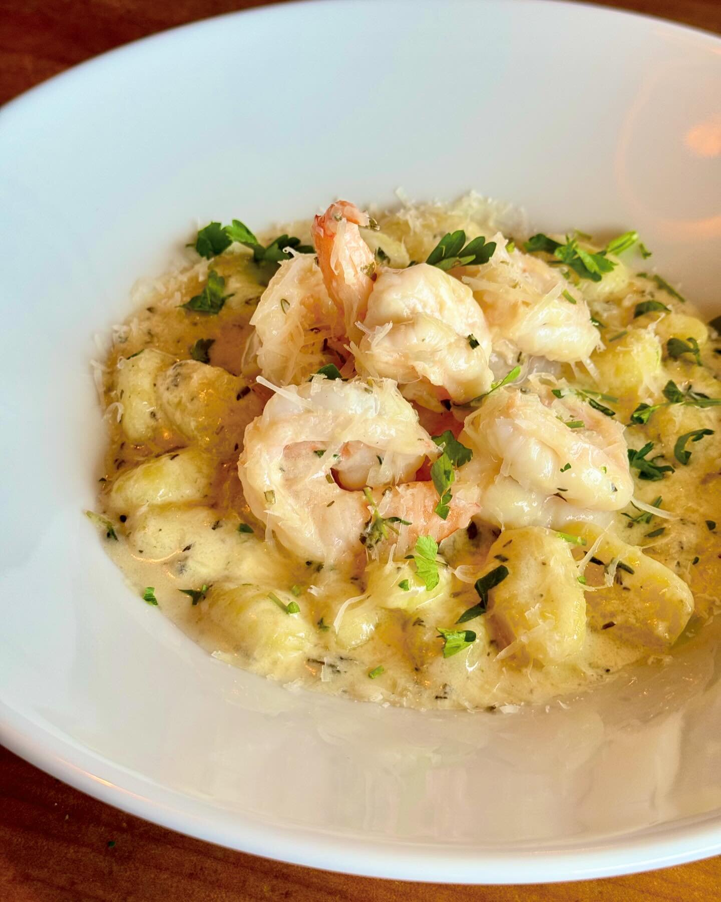 Shrimp &amp; Gnocchi in a White Wine Cream Sauce. THE House Feature! 

#gnocchi #shrimp #parmesan #rosemary #thyme #lakehighlands #dallasdining #lheats #whiterocklake #delish