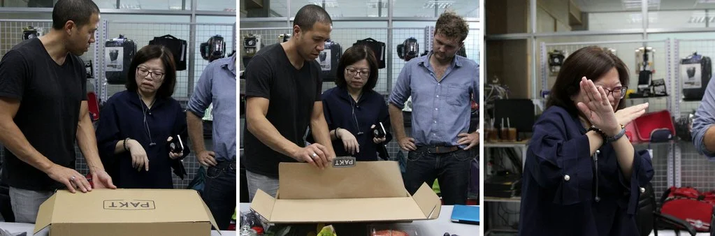 Left and Middle: SeaHive and Pakt founder Malcolm Fontier in Vietnam with Claire showing the packing steps on the packaging prototype. Right: Claire making what became her signature “X” move