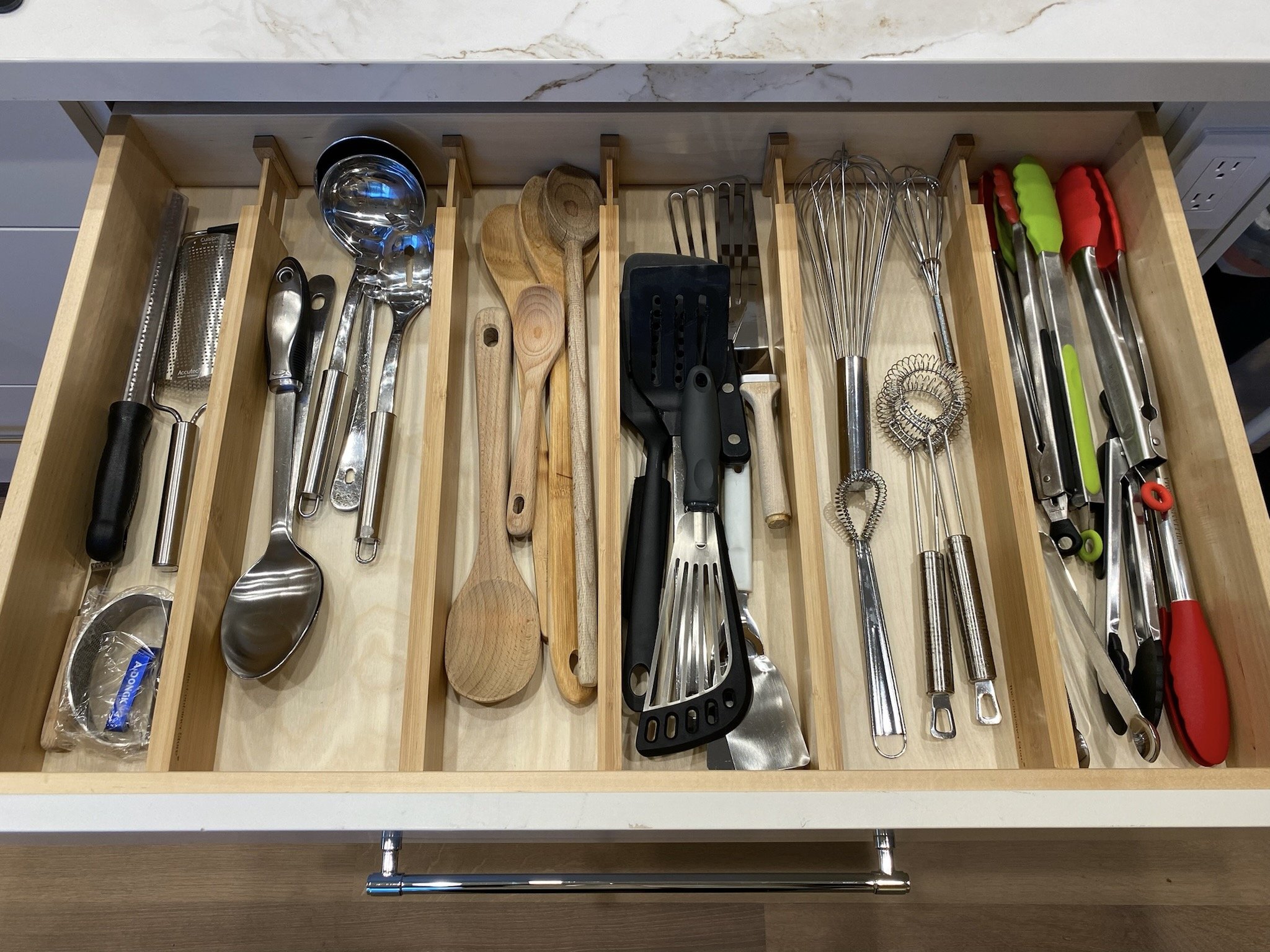 Bamboo drawer dividers, kitchen organization