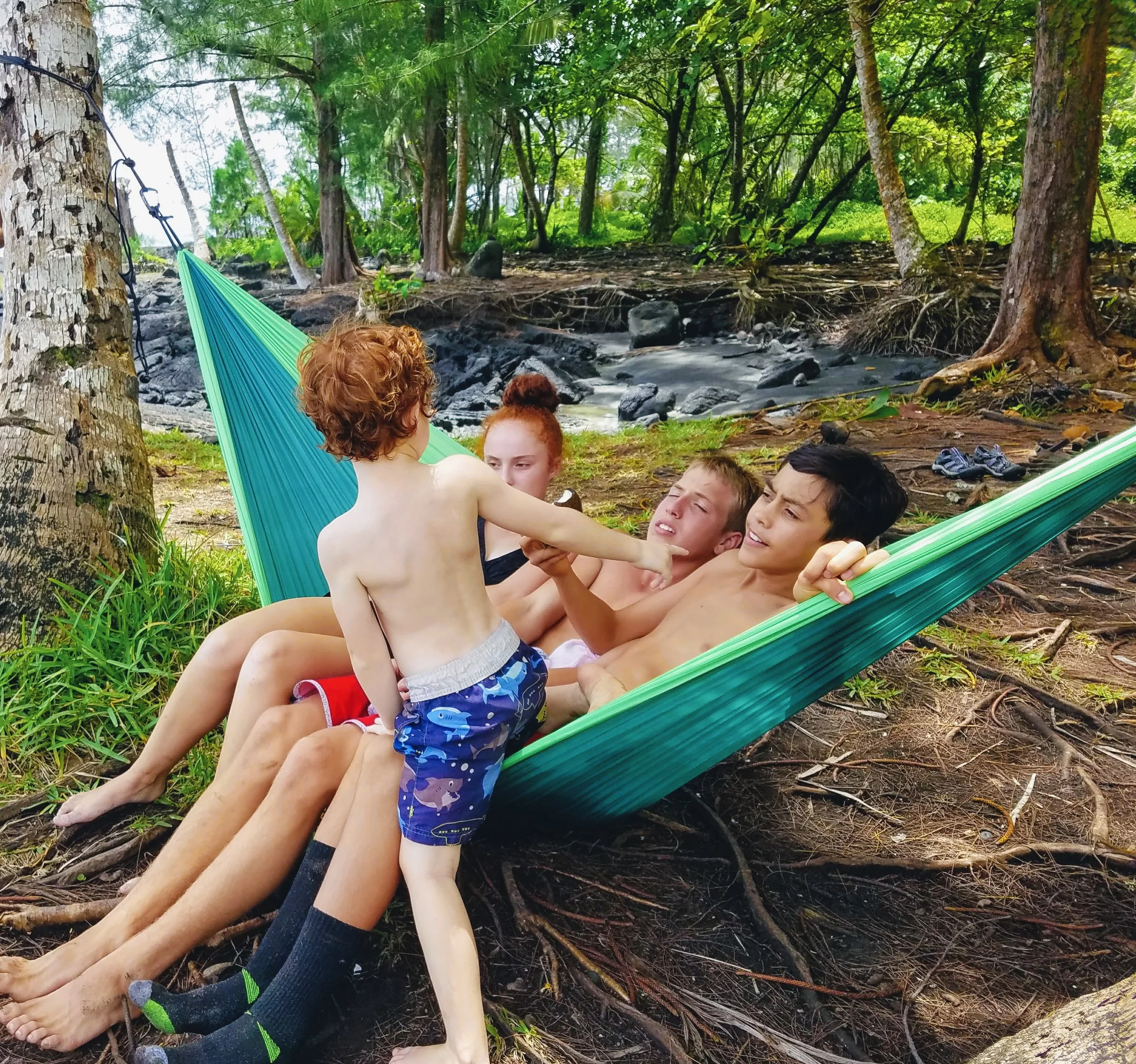 After the long hike in we were exhausted, so we all piled in the hammock.
