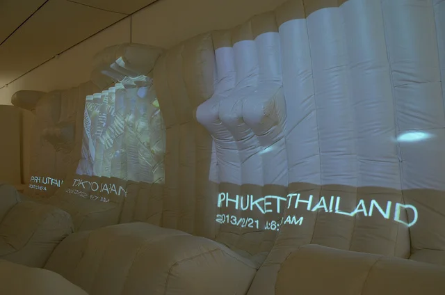 Jordan Geiger's Day for Night , an inflatable lounge with live global A/V feeds.
