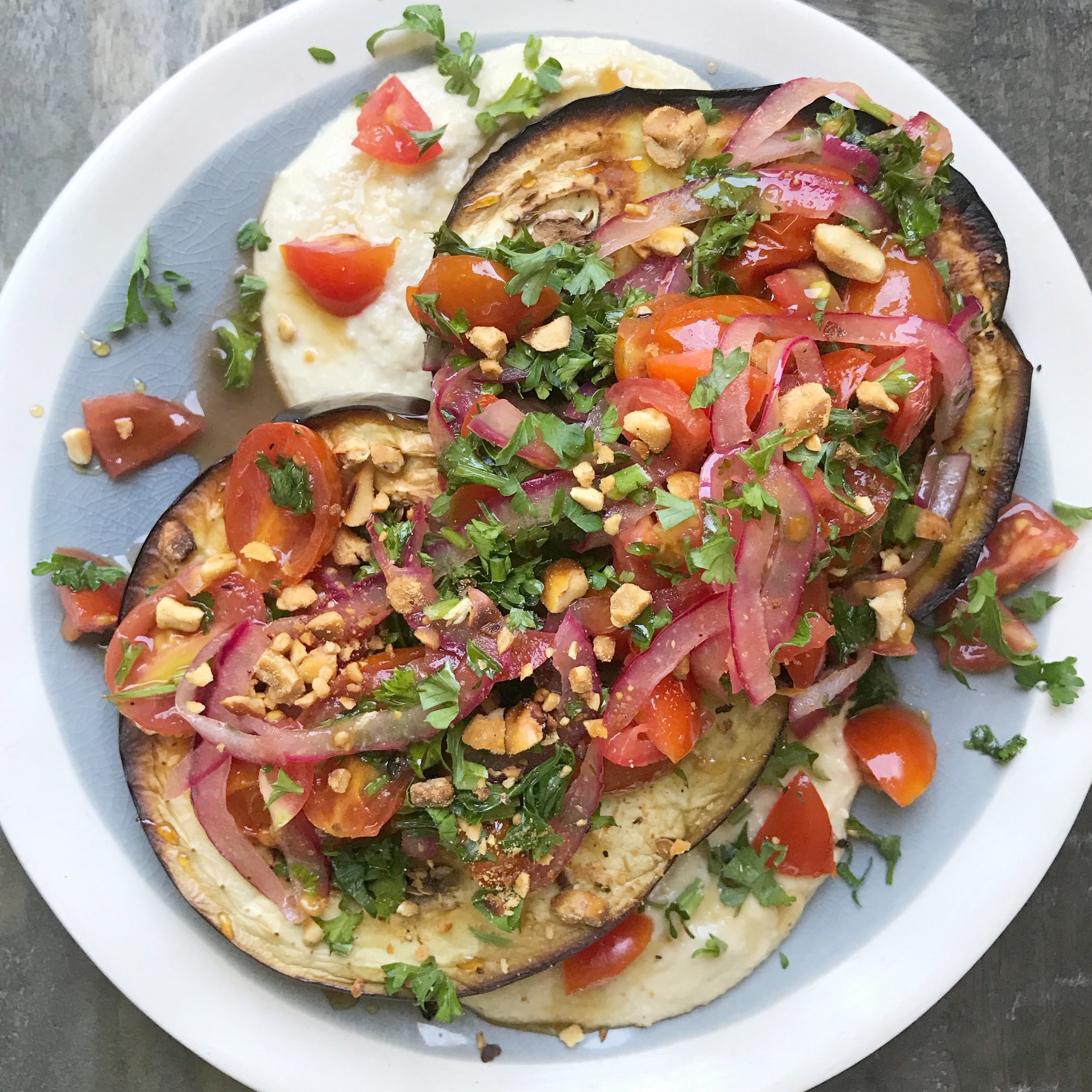 Roasted Eggplant Over Hummus