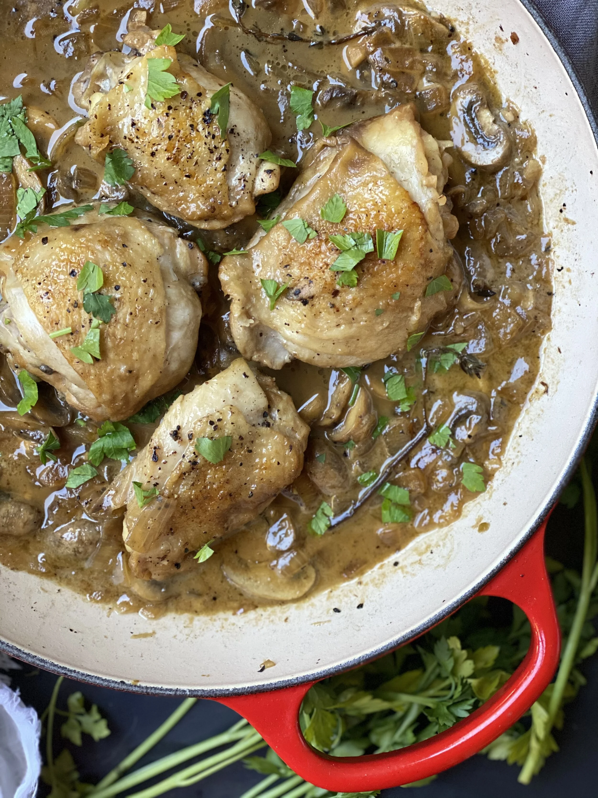 Braised White Wine &amp; Soy Chicken Thighs with Mushrooms