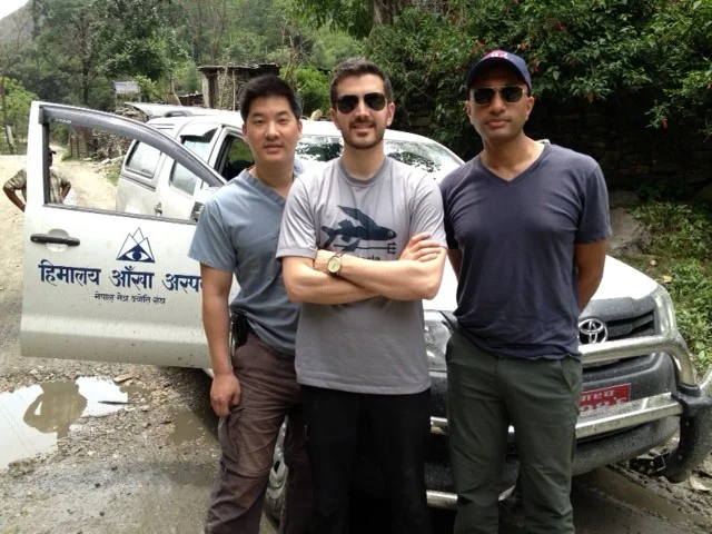 Our eye docs from Operation Restore Vision take a break from an arduous 8-hr. 4WD odyssey to the first eye camp in Tukuche.nFrom left to right: Christopher Teng, MD – Travis Jenkins, MD – Sanjay Kedhar, MD