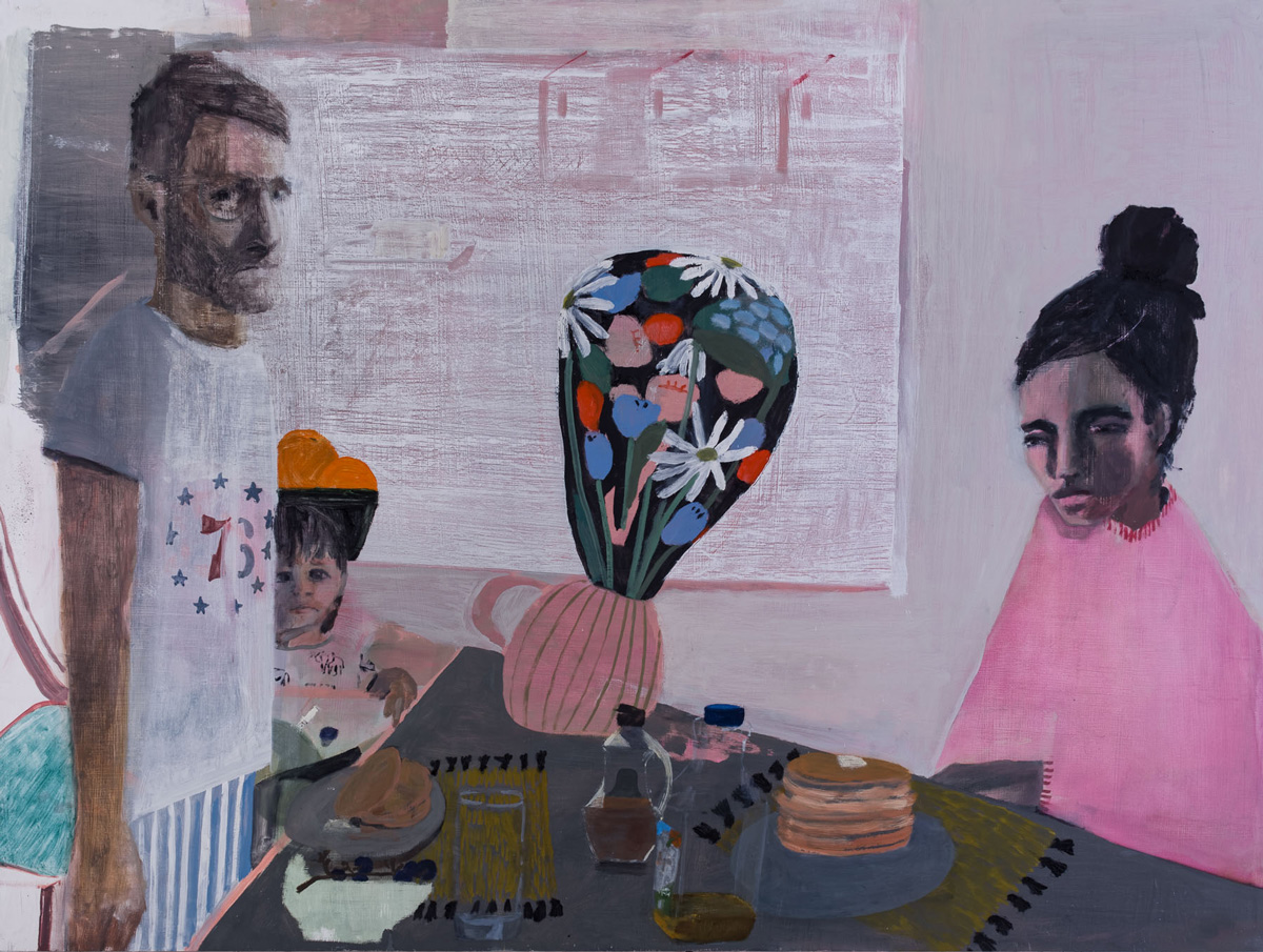 Aubrey Levinthal, Breakfast at 13th St., 2018, oil on panel, 36 x 48 inches.