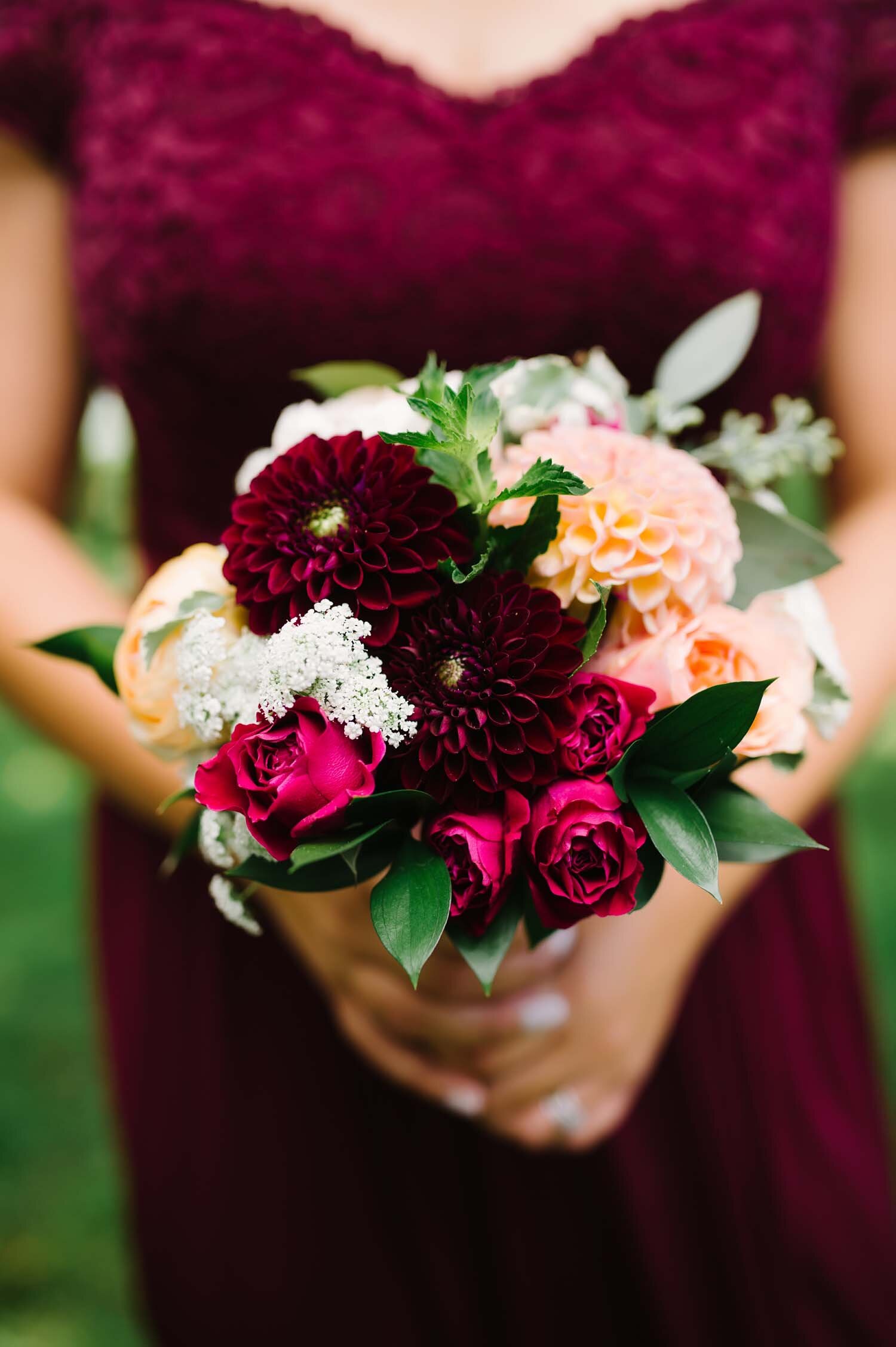 Burgundy bridesmaid dahlia bouquet