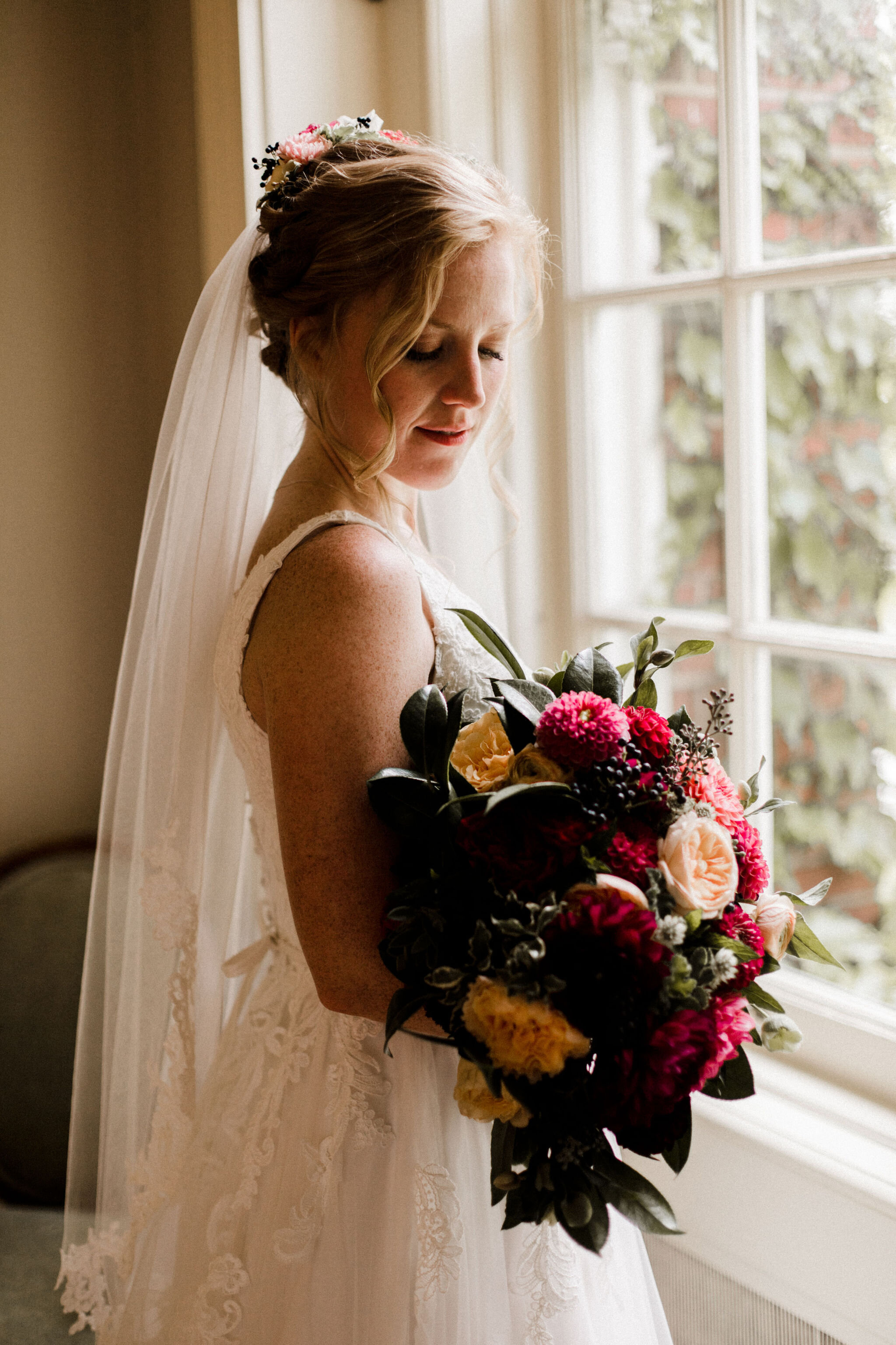 Bride with dahlia bouquet