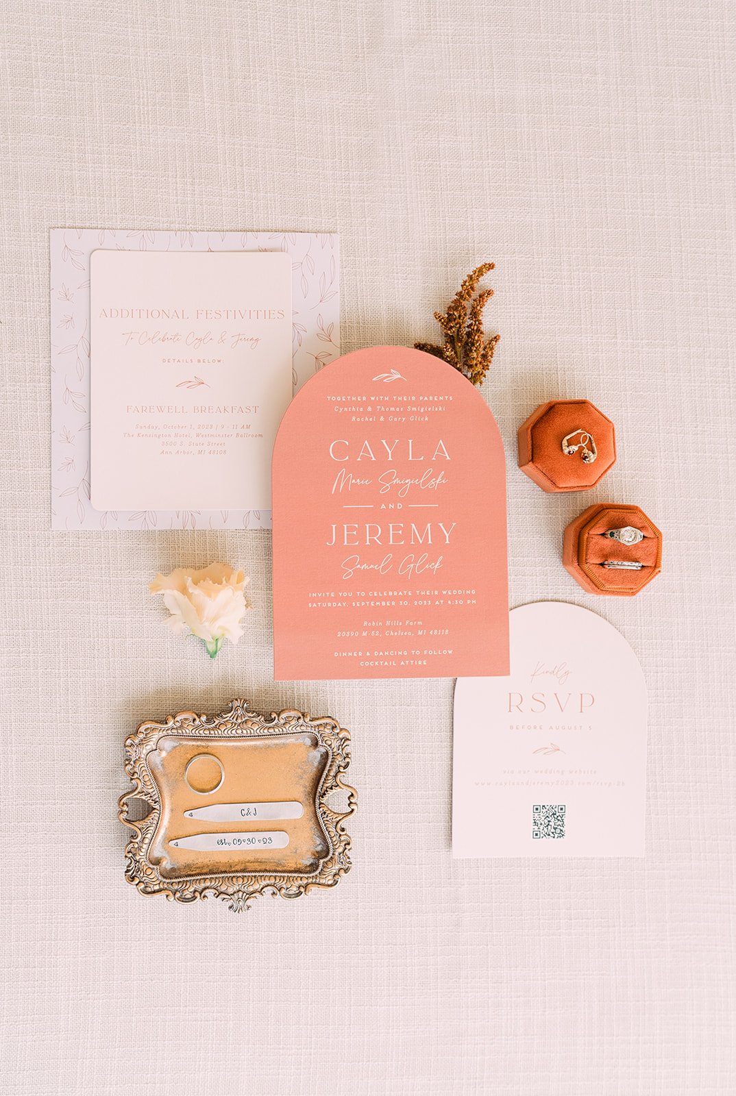 Fall wedding flatlay in terracotta