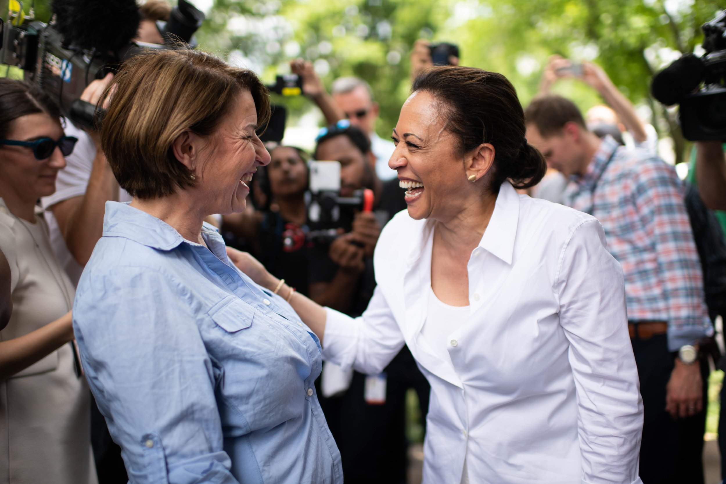 U.S. Senator's Amy Klobuchar and Kamala Harris at a presidential campaign rally in Iowa, 2019