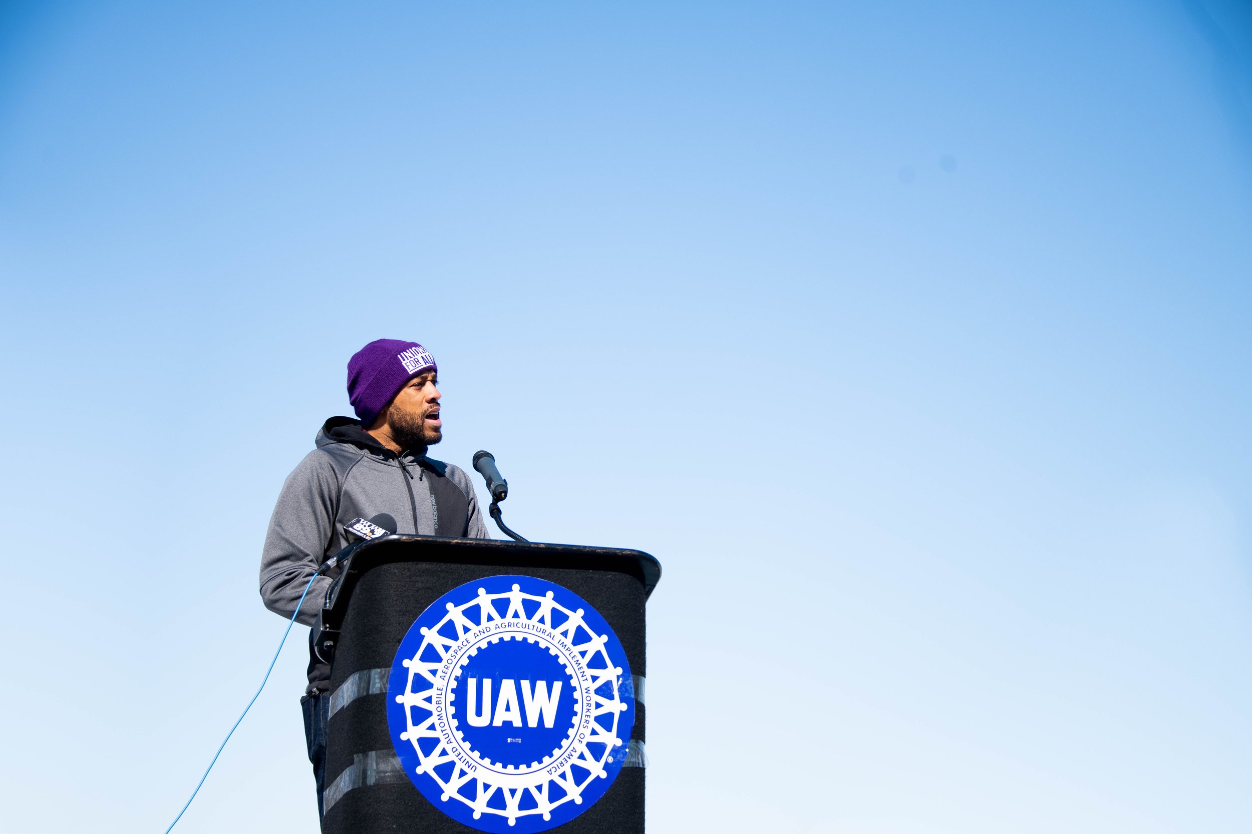 Democratic nominee for U.S. Senate, Lt. Governor Mandela Barnes speaks at a UAW Strike in Wisconsin, 2022