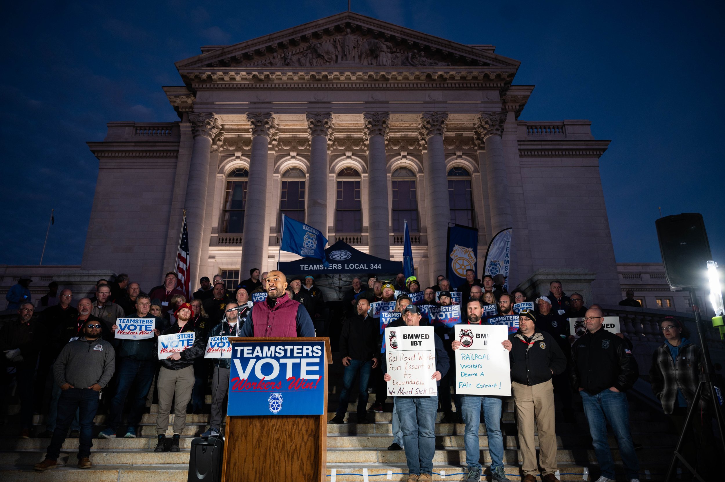 Democratic nominee for Senate, Lt. Governor Mandela Barnes at a Teamsters vote rally in Wisconsin, 2022