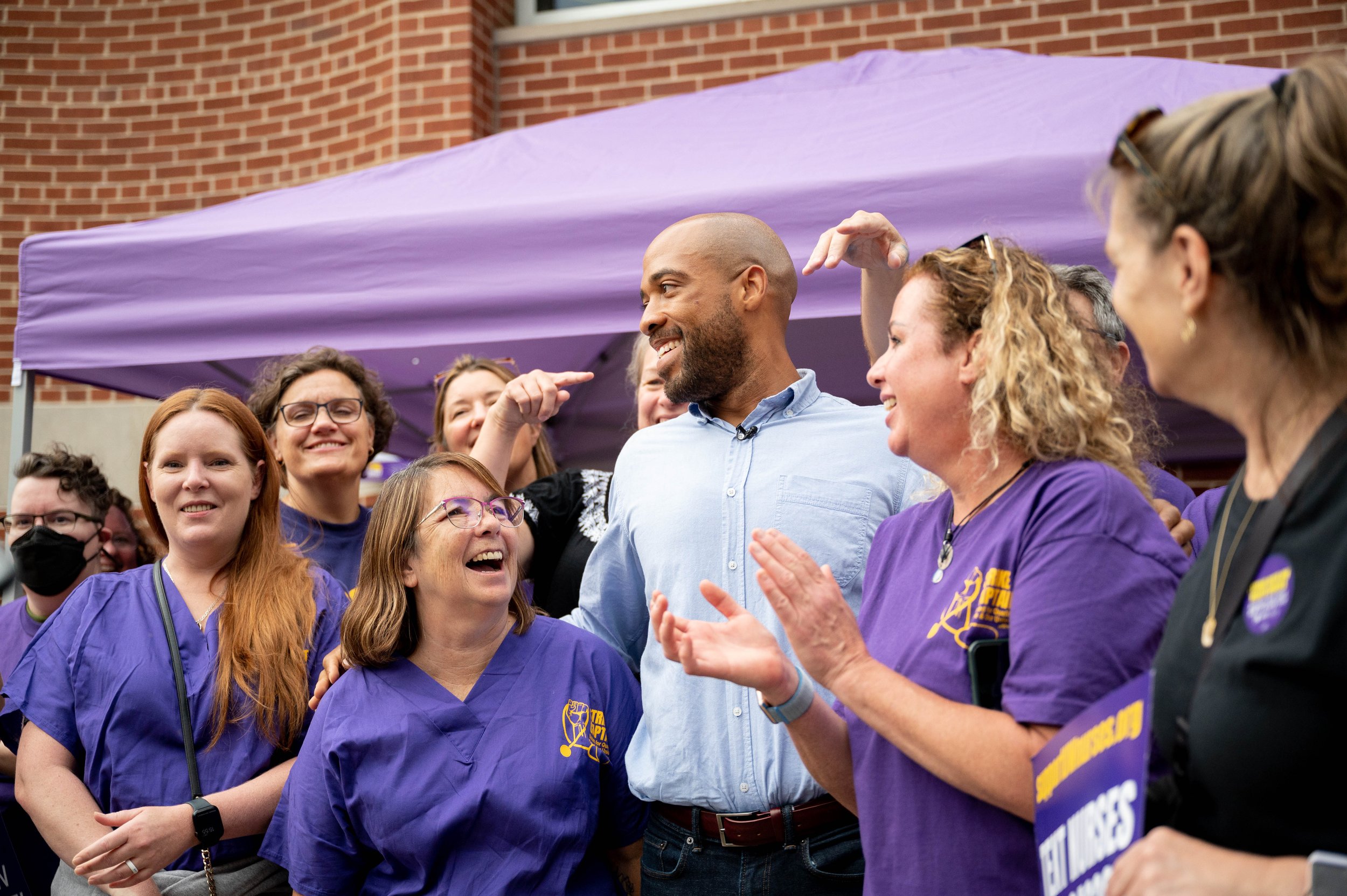 Democratic nominee for U.S. Senate, Lt. Governor Mandela Barnes with SEIU nurses, Wisconsin, 2022