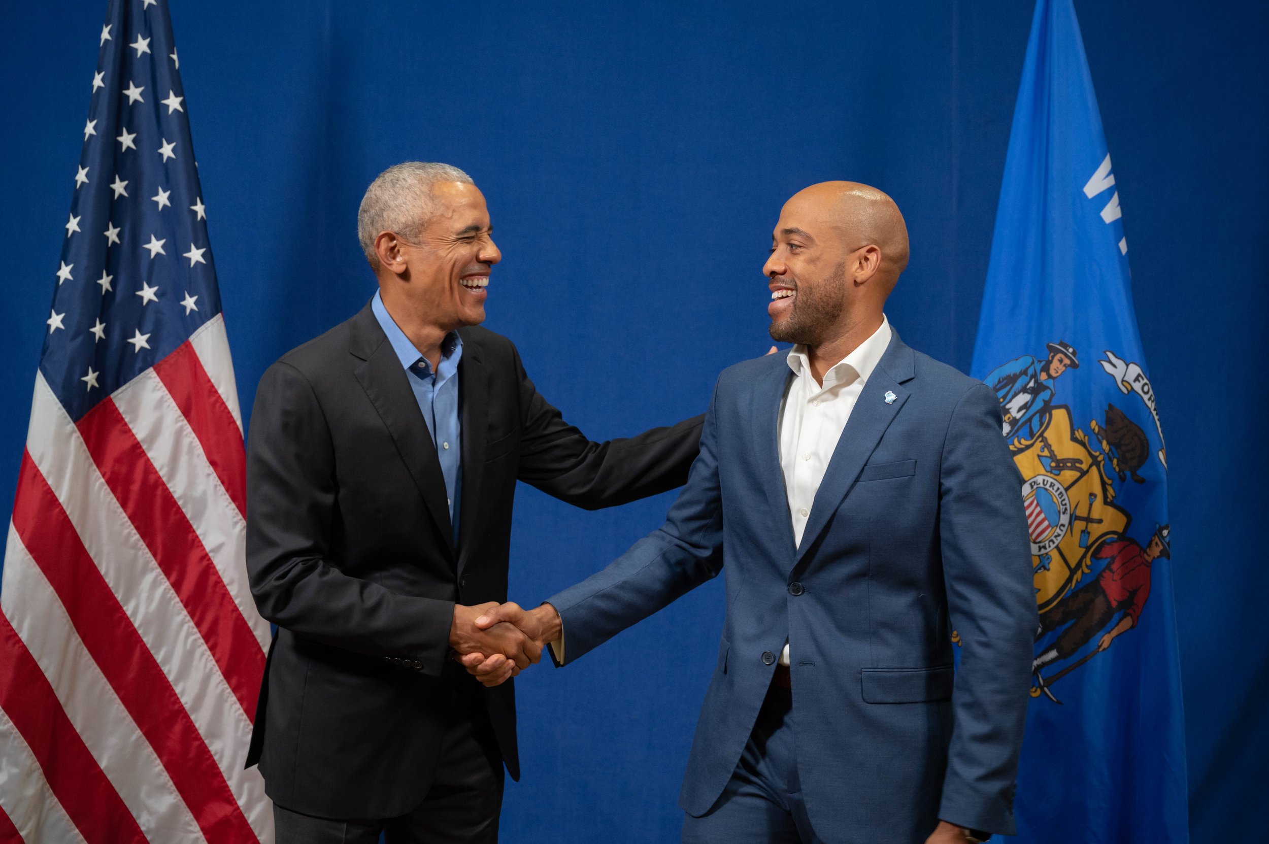 President Barack Obama and Lt. Governor Mandela Barnes backstage at a campaign rally in Milwaukee, WI