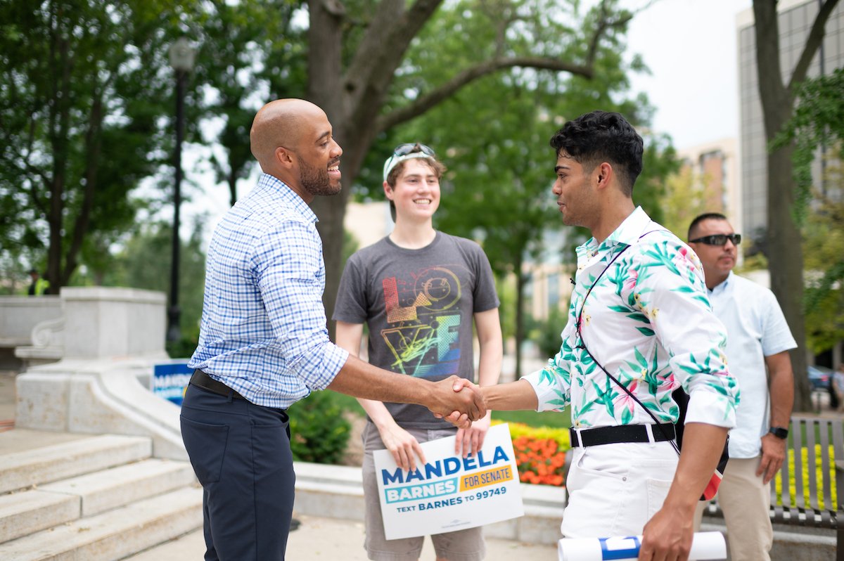 U.S. Senate candidate, Lt. Governor Mandela Barnes, with supporters at a campaign event in Madison, Wisconsin, 2022