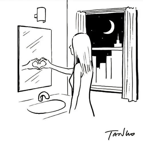 Illustration of woman making a heart with her hands in the bathroom mirror
