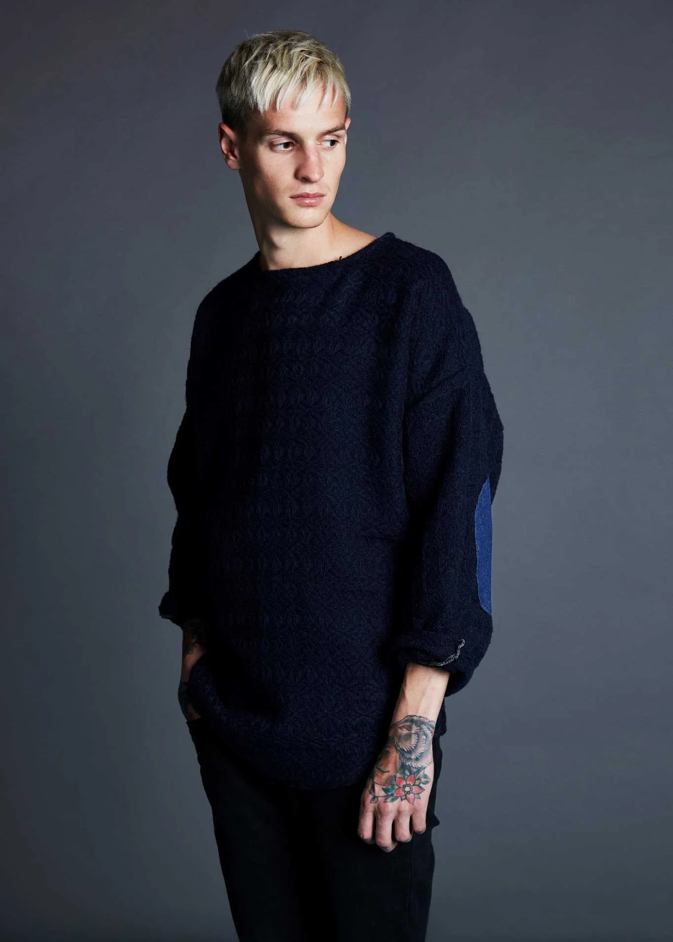 Navy Wool Jumper with Denim Elbow Patches, £60, Alec Bizby.