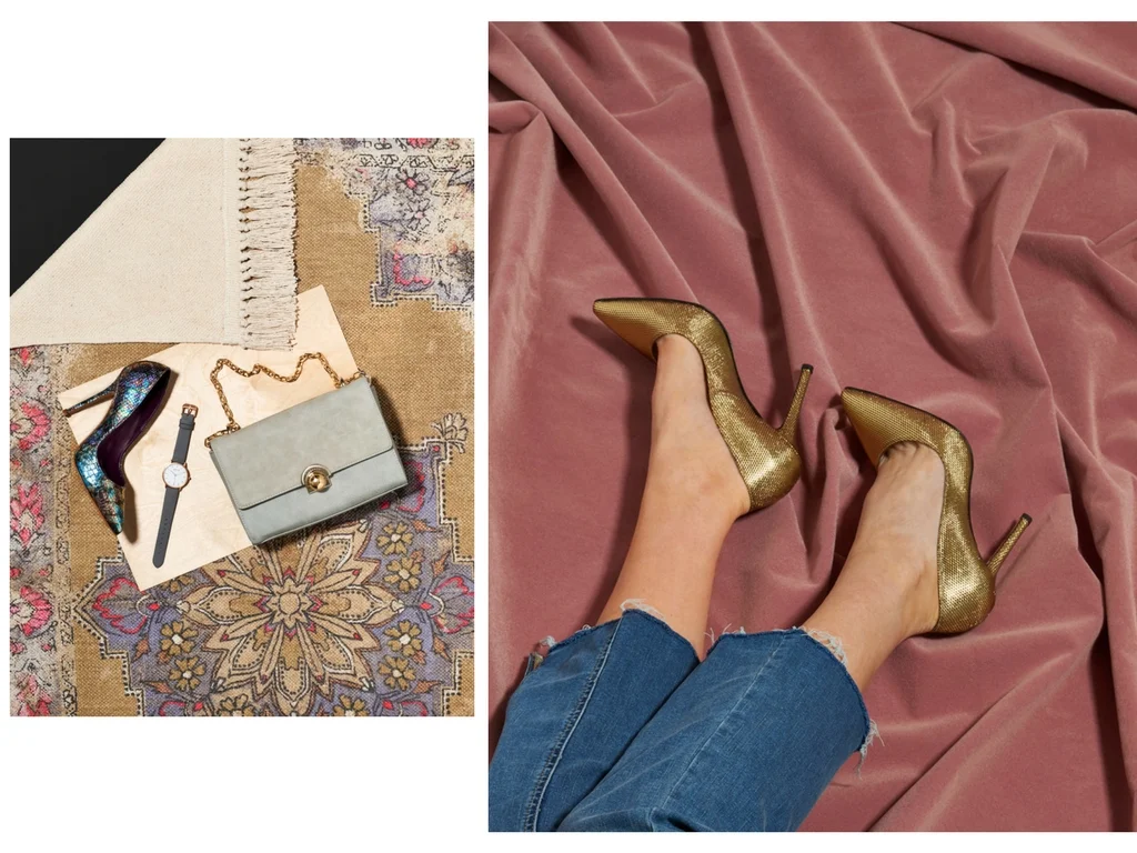 Left: Paris Petrol Faux Snake Stiletto by Beyond Skin ; Kelly Cross Body by La Bante; Dark Grey and Rose Gold Watch by Votch. Right: Gold Stiletto by Beyond Skin ; jeans by Free People.