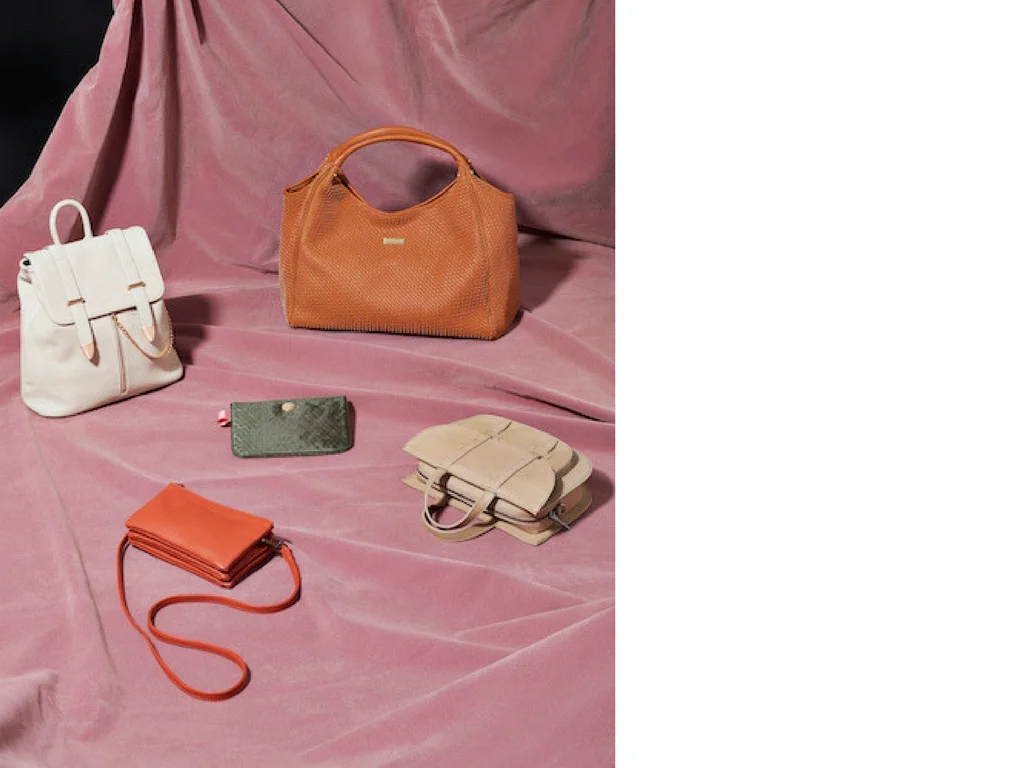 Clockwise from top left: Agnes off white backpack by La Bante; Sebastian weave tote by Cornelia Guest at You’re So Vegan; Rehe bag in cardamon by Matt & Nat at The Third Estate; Triplet bag by Matt & Nat at The Third Estate; Little Anything in Sea Hex by Taikka.