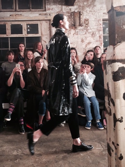 Sleekly androgynous: Erin O'Connor opens the Oxfam show. Picture: Bel Jacobs.