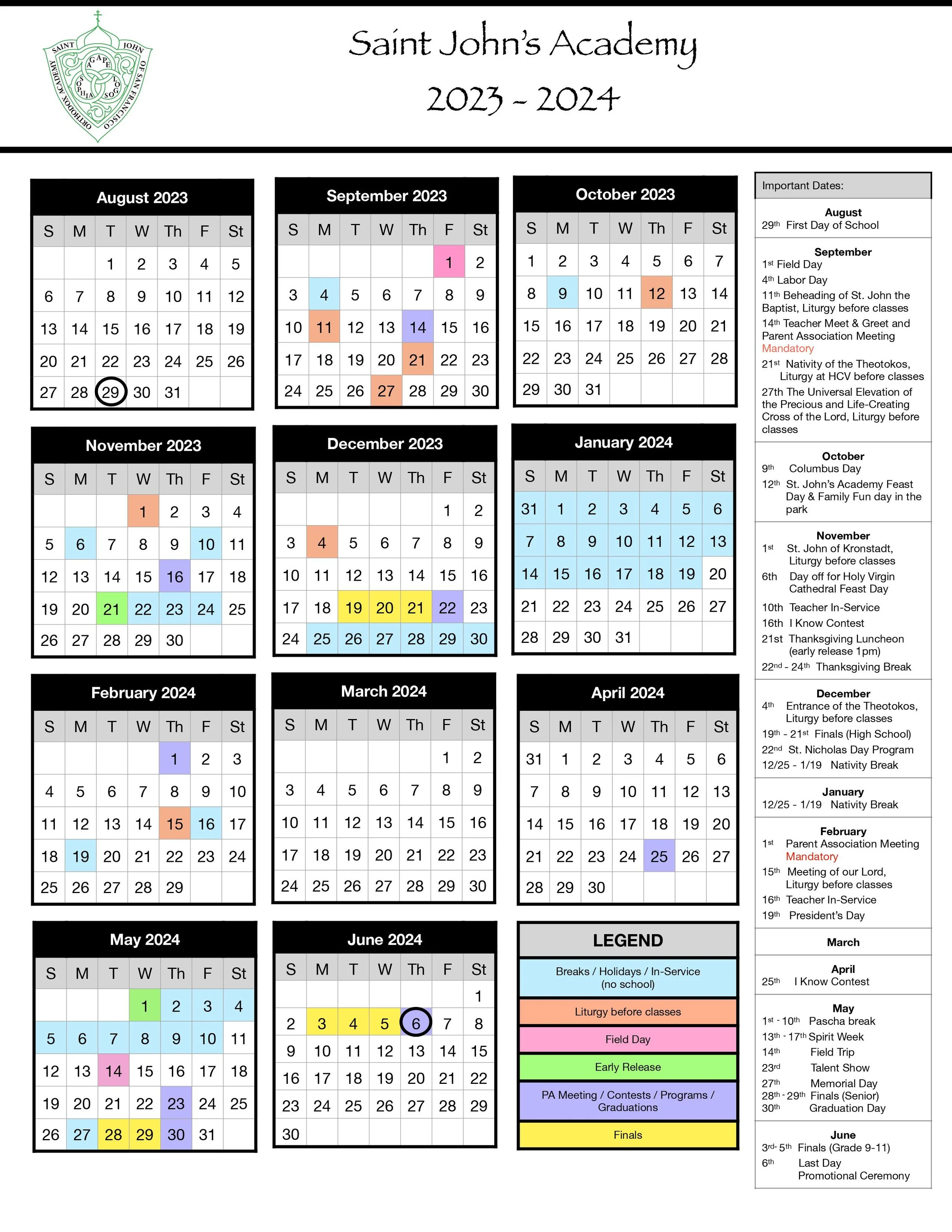 Calendar — Saint John of San Francisco Orthodox Academy