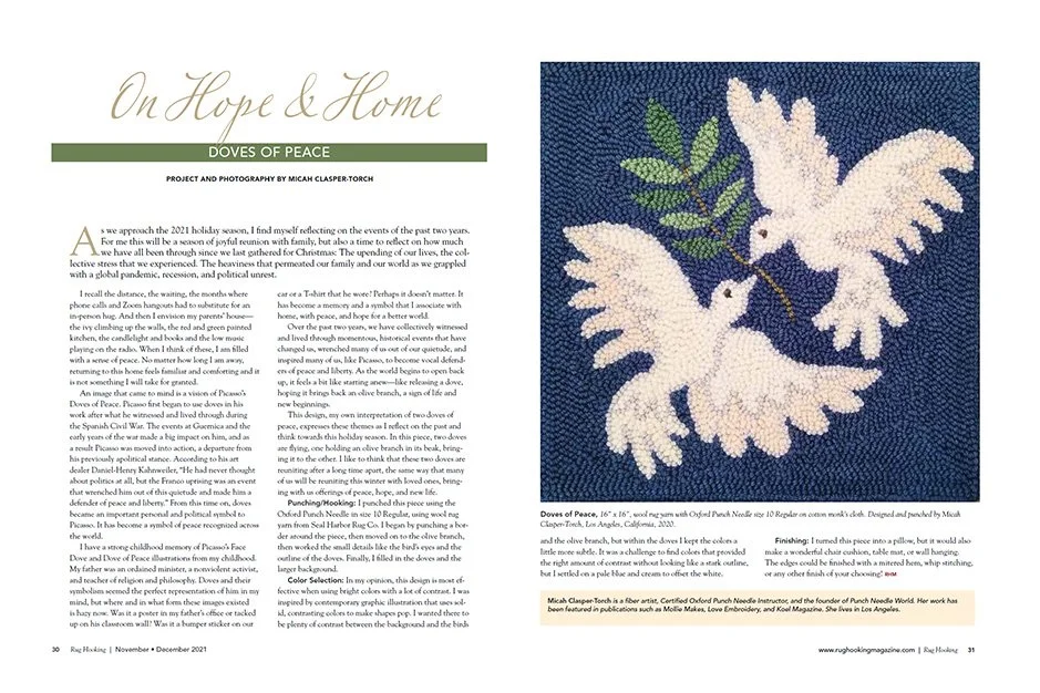 a Rug Hooking Magazine Spread featuring an article On Hope and Home with an image of Micah Clasper-Torch's Doves of Peace punch needle pillow design