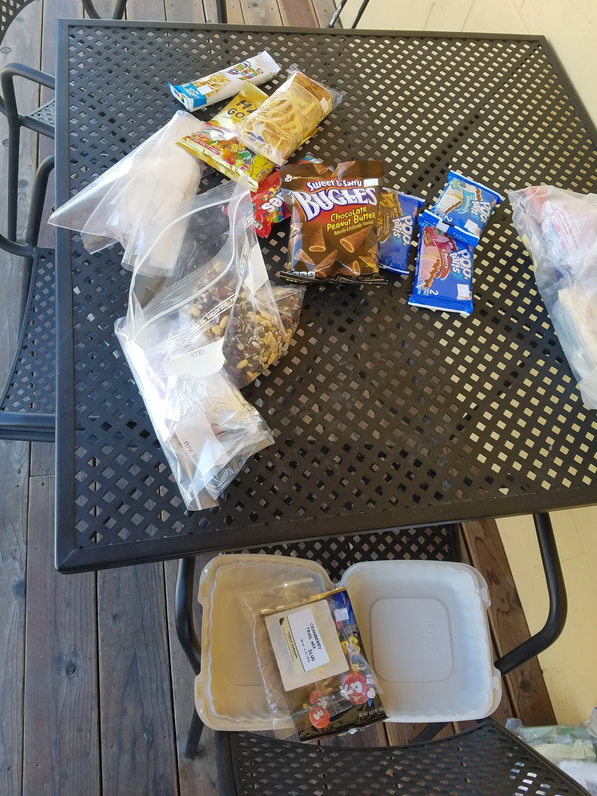 Cranking out my ridiculous trail mix of nuts, Skittles, gummy bears, Bugles, M&M's etc.