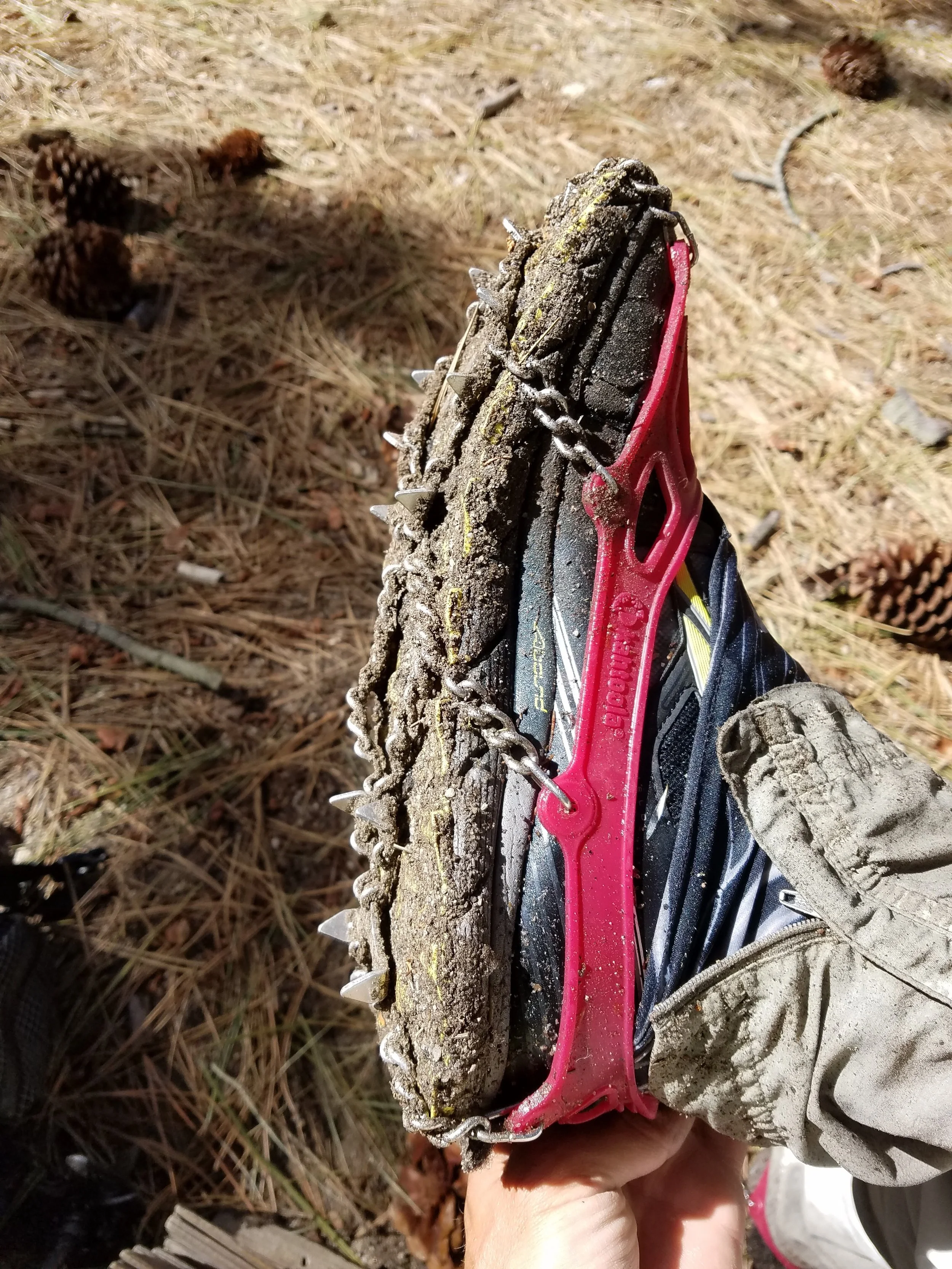 Removing well-used microspikes after Fuller Ridge.