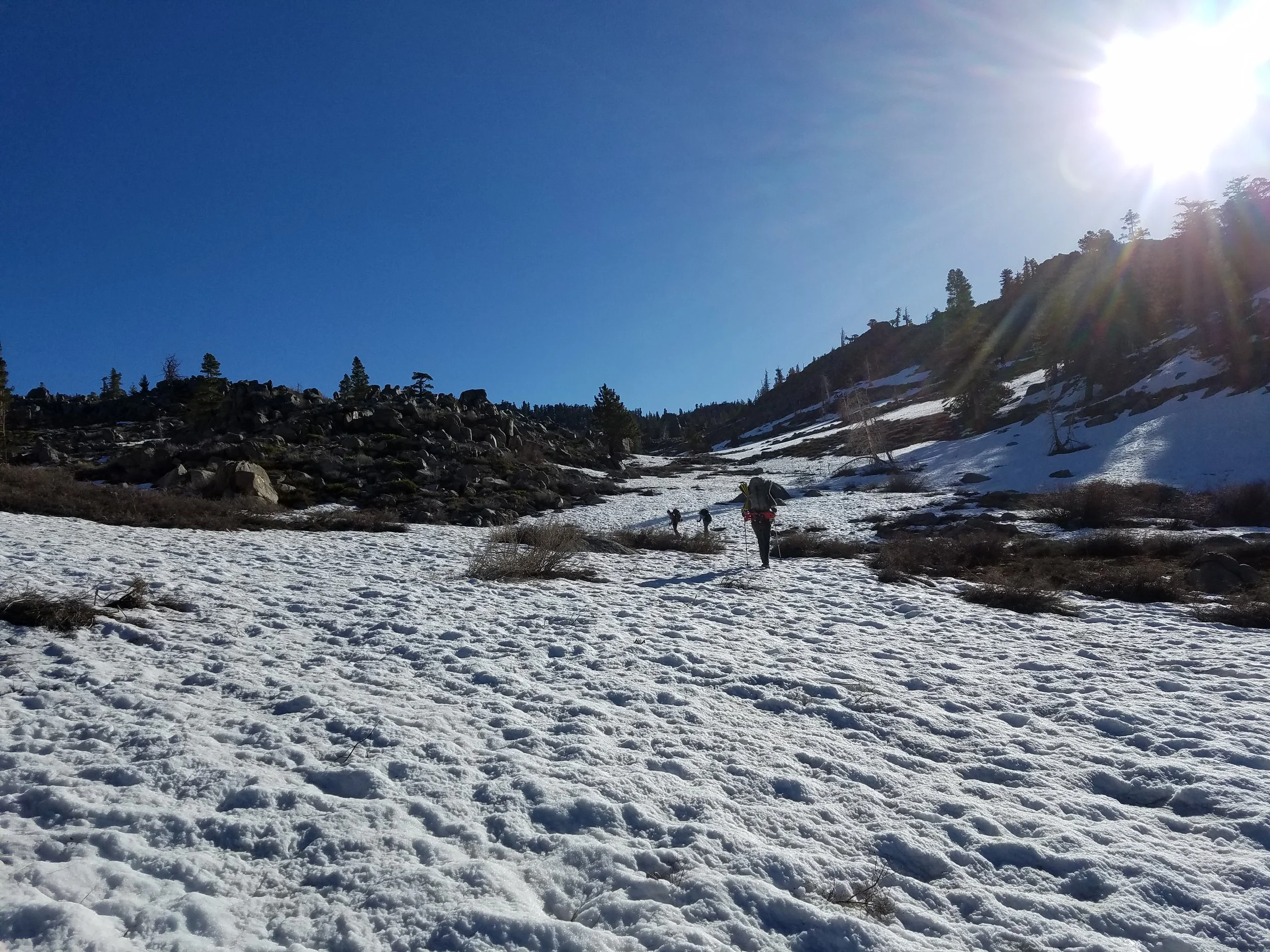 Walking along snow fields with hidden dangers underneath.