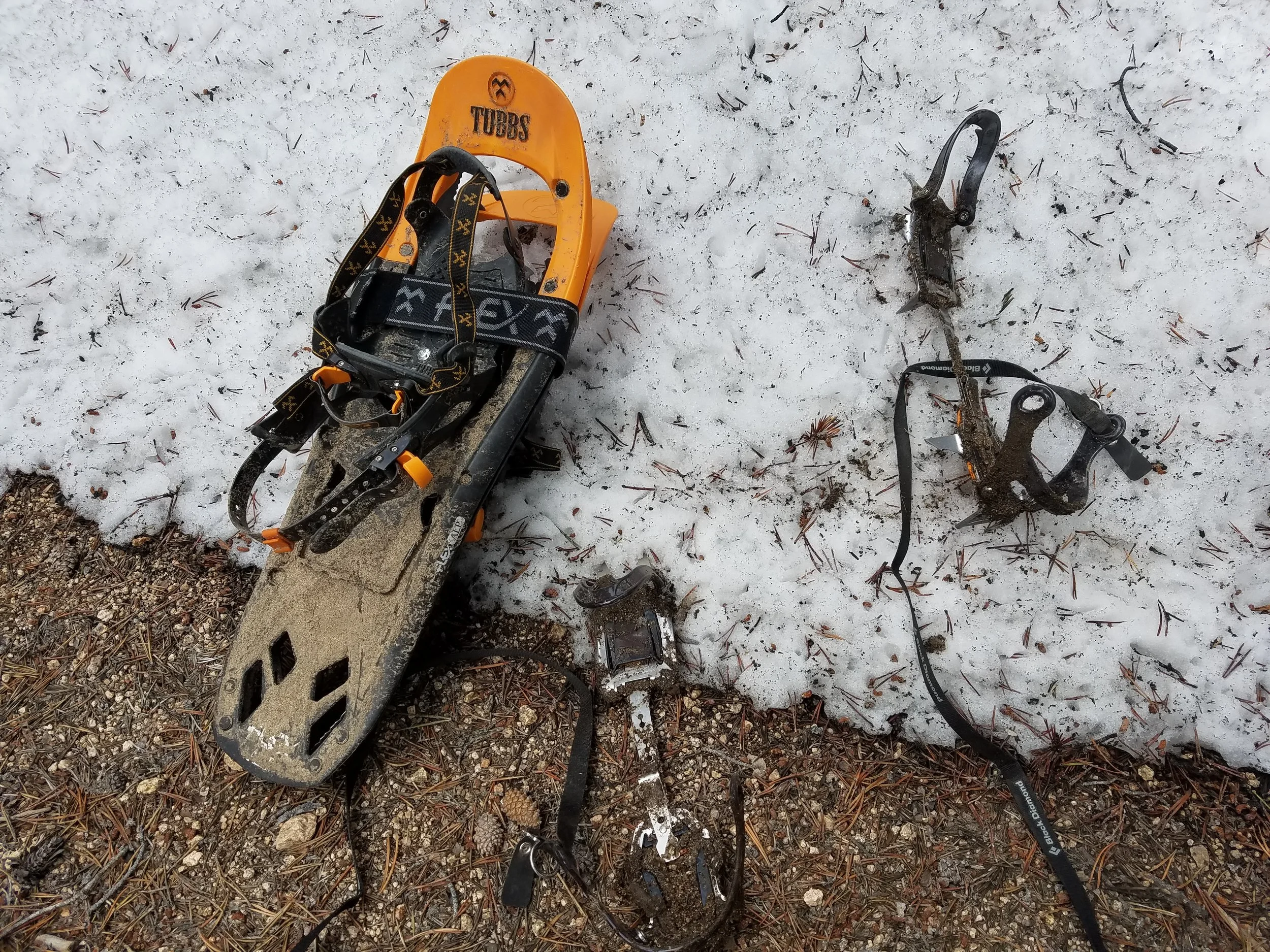 Muddy snow gear from the day's brutally mixed conditions.