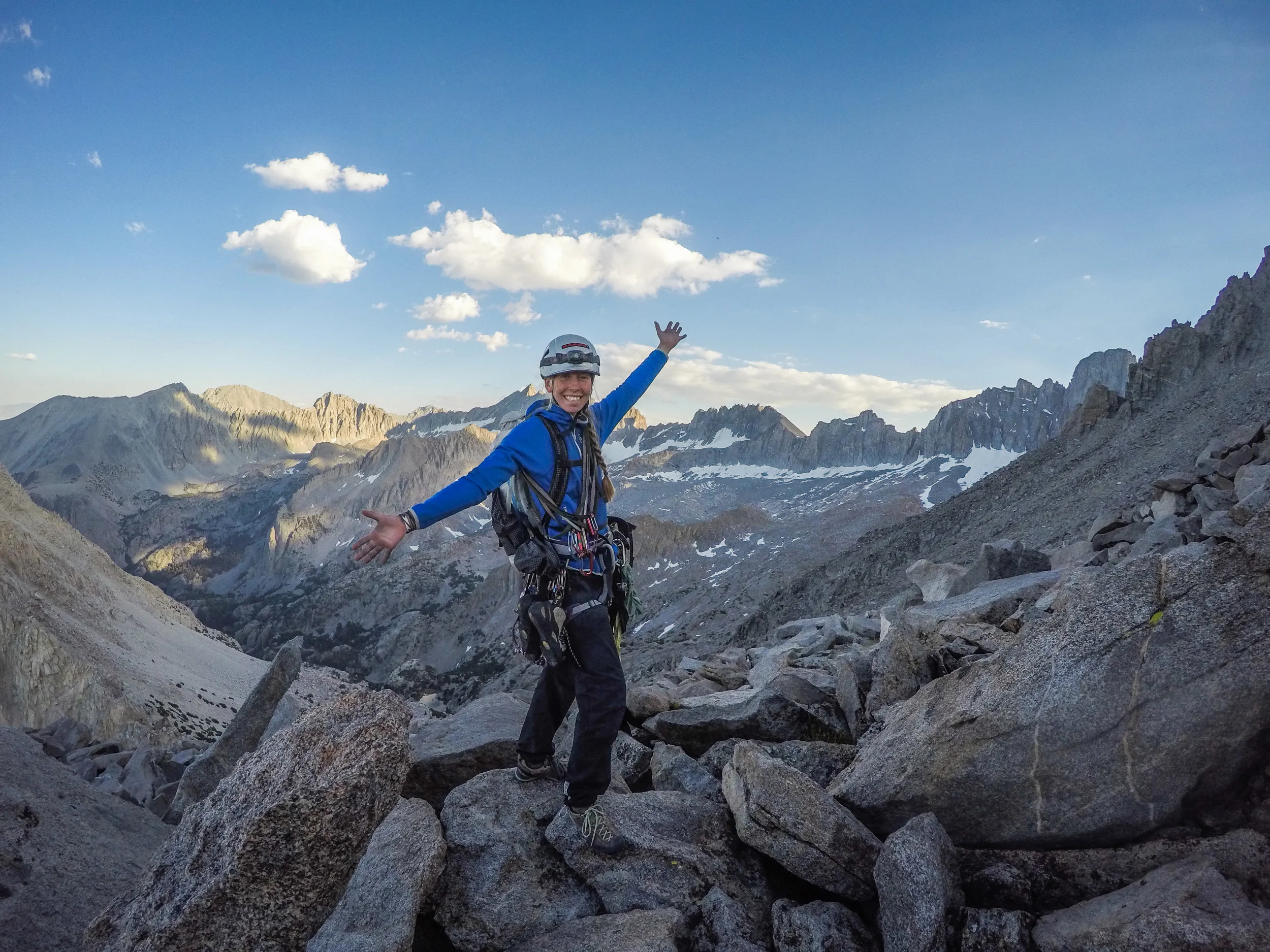 Melanie on top of the 11-pitch Venusian Blind in the High Sierra.